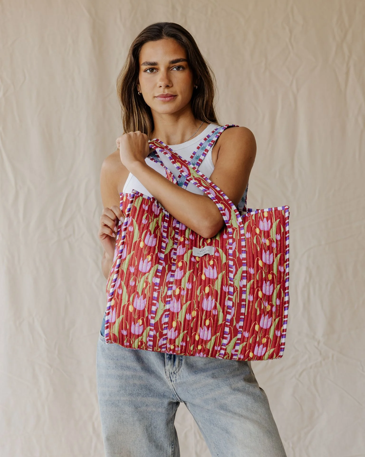 Bloom & Stripe Quilted Tote Bag - Image 2