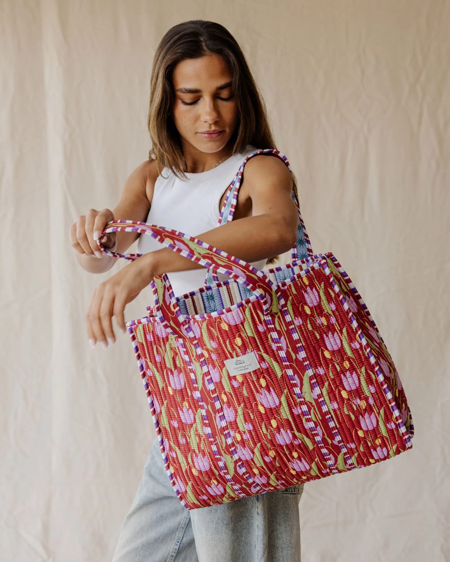 Bloom & Stripe Quilted Tote Bag - Image 3
