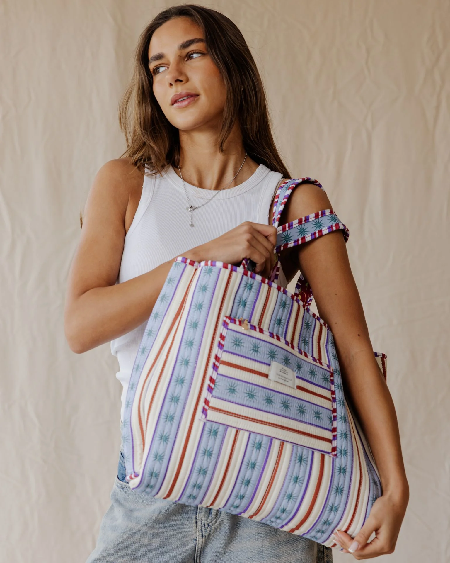 Bloom & Stripe Quilted Tote Bag - Image 4