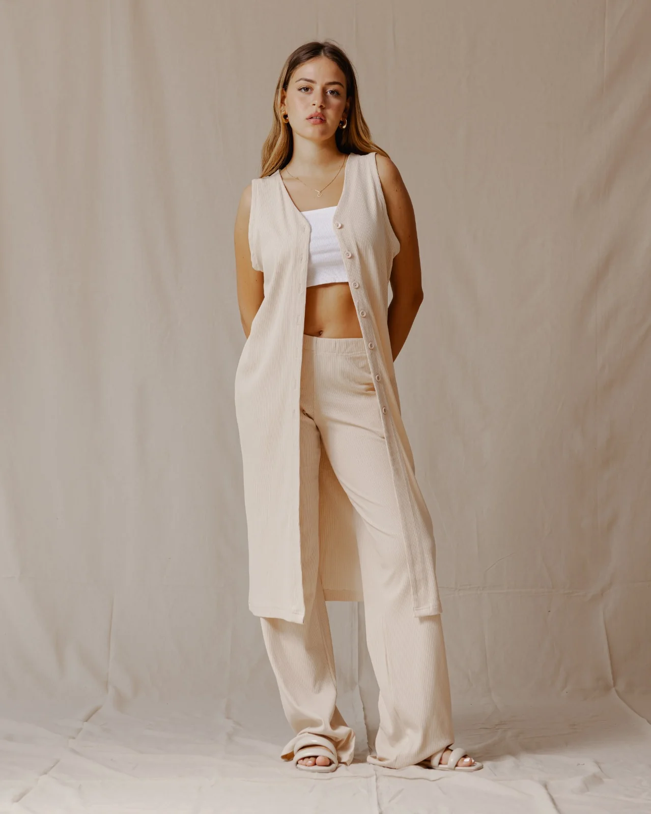 Buttoned Sleeveless Set Beige - Image 3