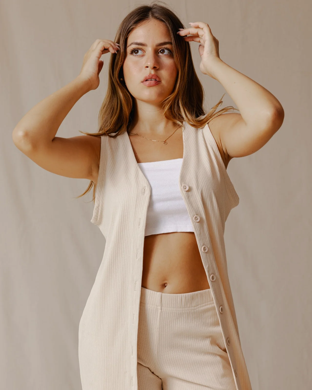 Buttoned Sleeveless Set Beige - Image 8