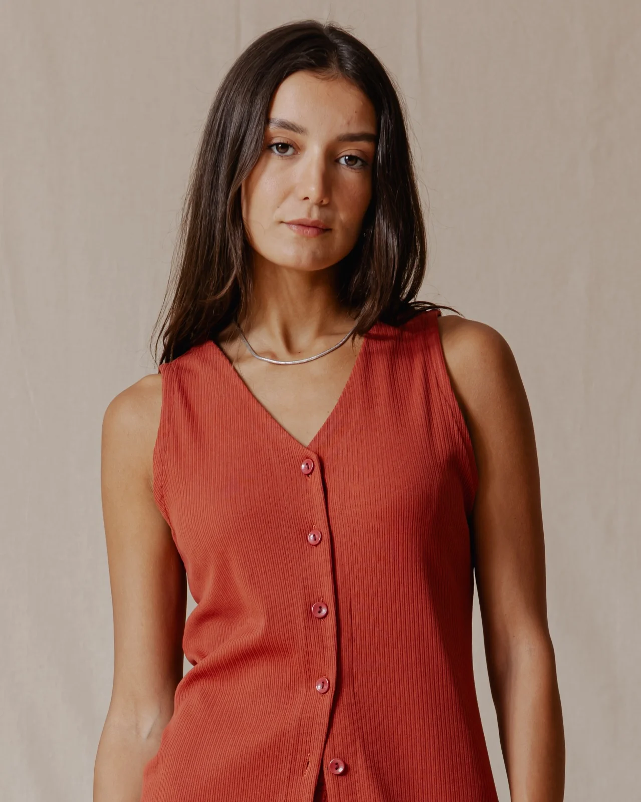 Buttoned Sleeveless Set Brick - Image 2