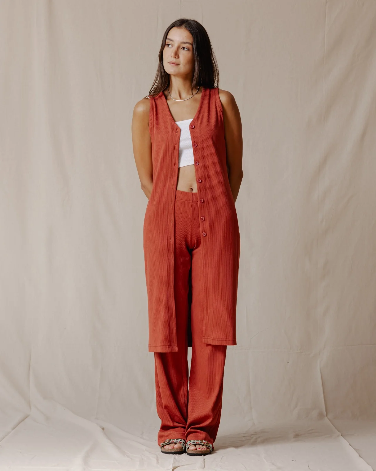 Buttoned Sleeveless Set Brick - Image 3