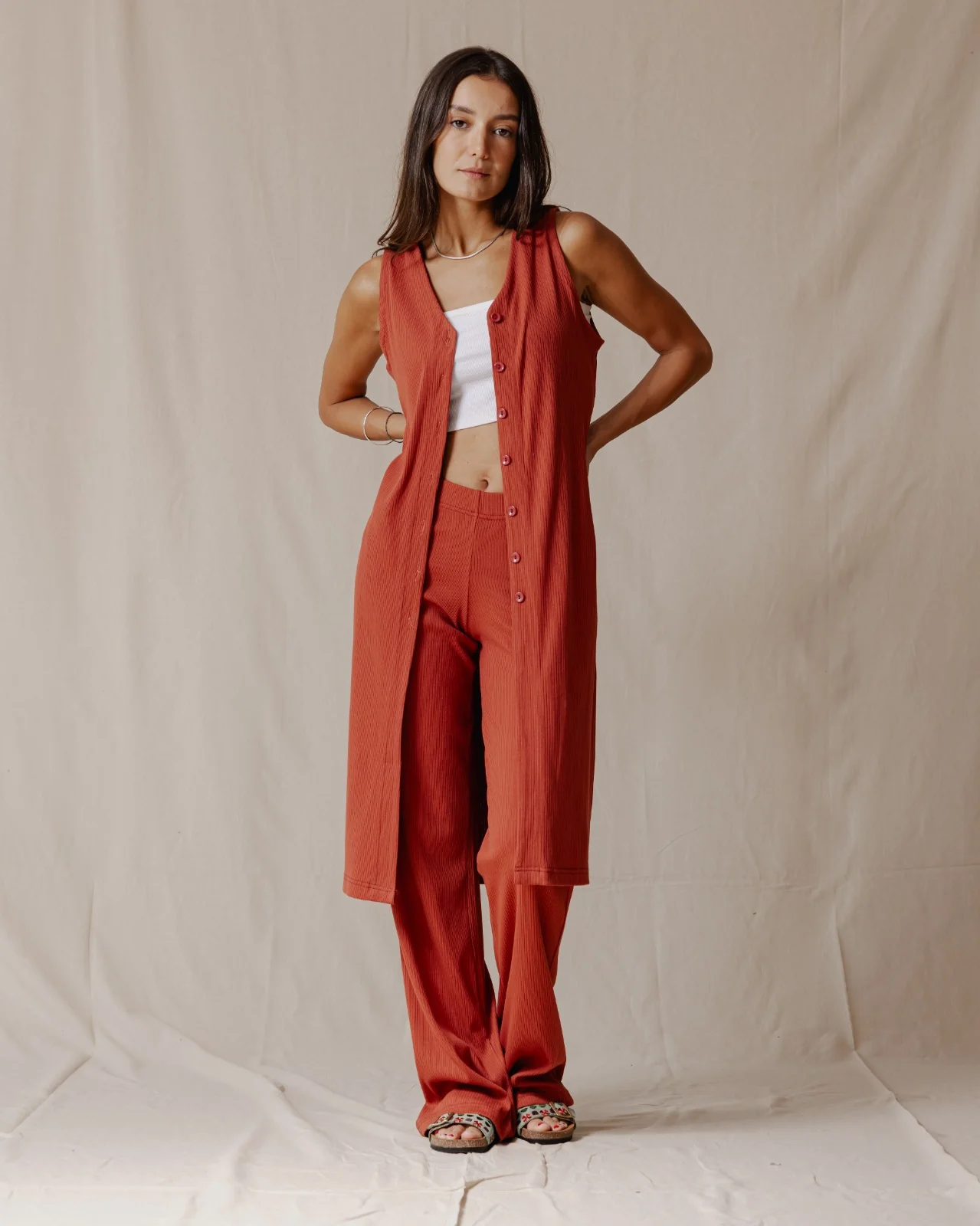 Buttoned Sleeveless Set Brick - Image 4