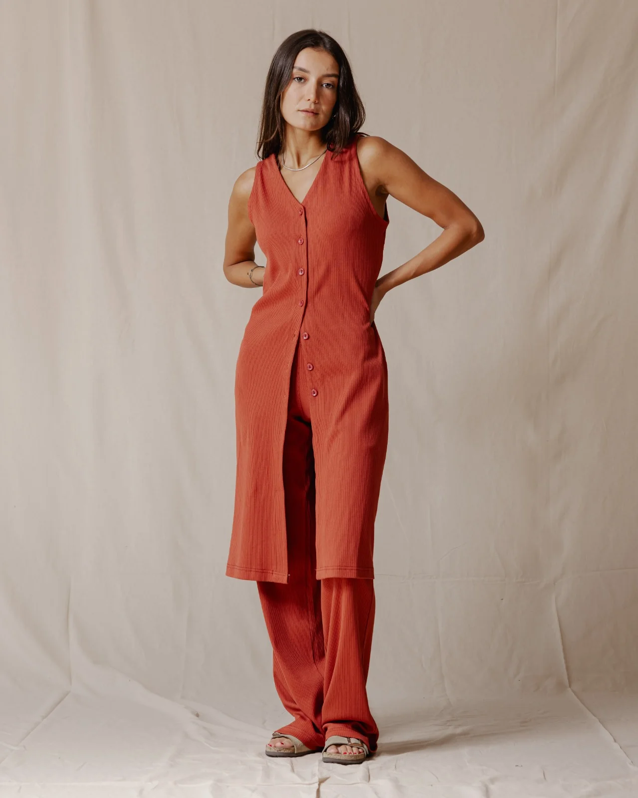 Buttoned Sleeveless Set Brick - Image 5