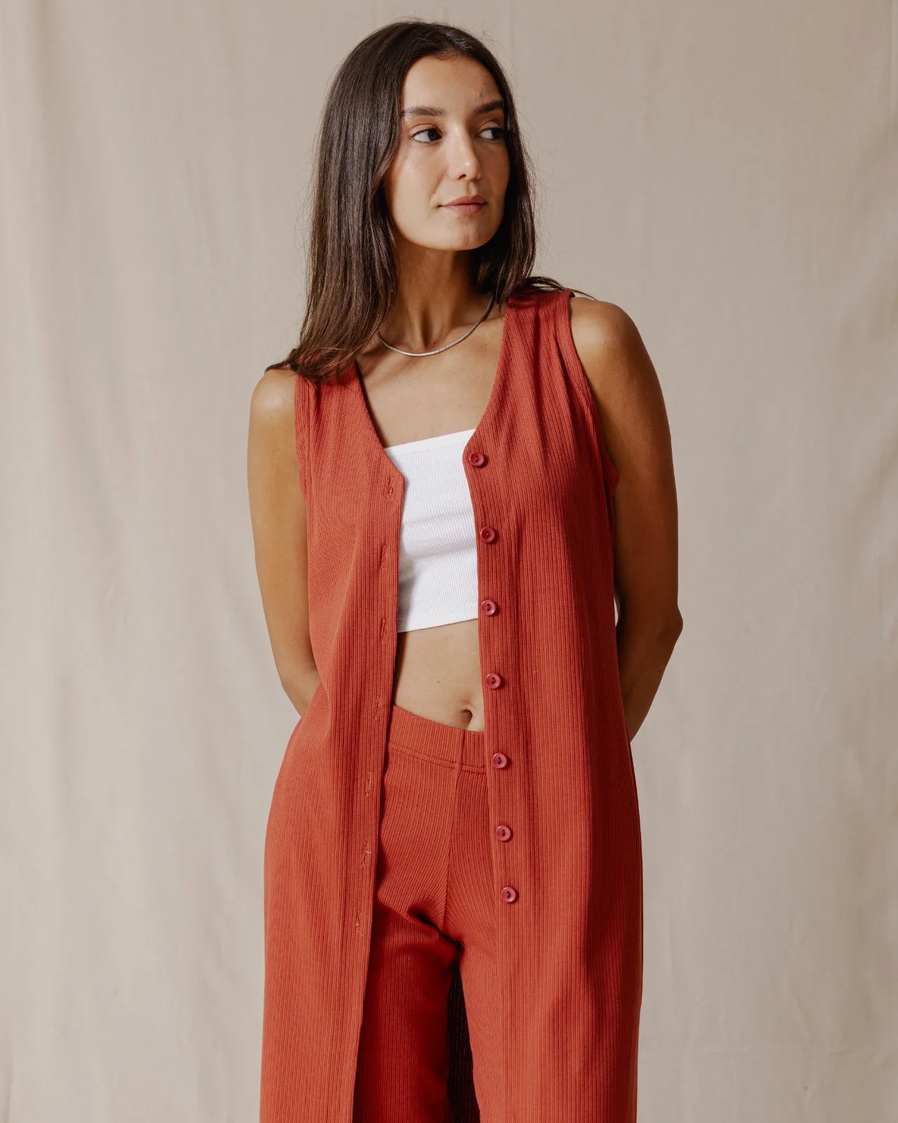 Buttoned Sleeveless Set Brick - Image 6