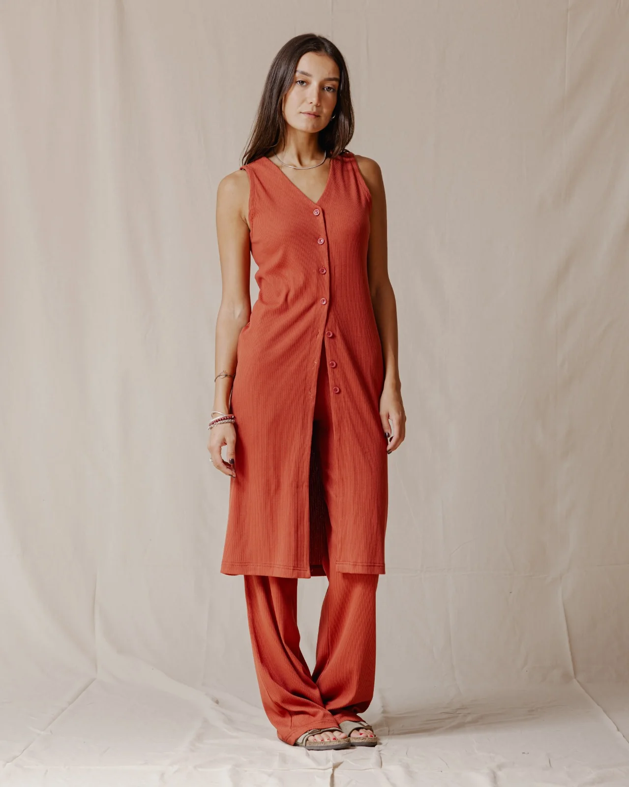 Buttoned Sleeveless Set Brick - Image 8