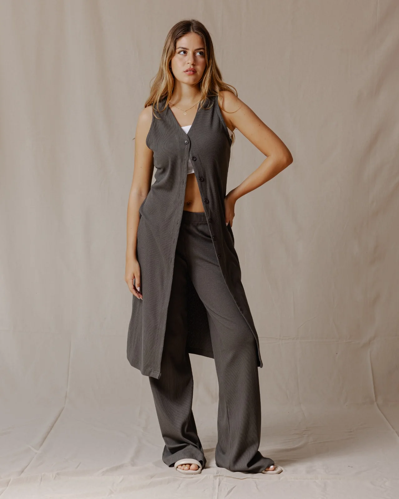 Buttoned Sleeveless Set Olive - Image 2