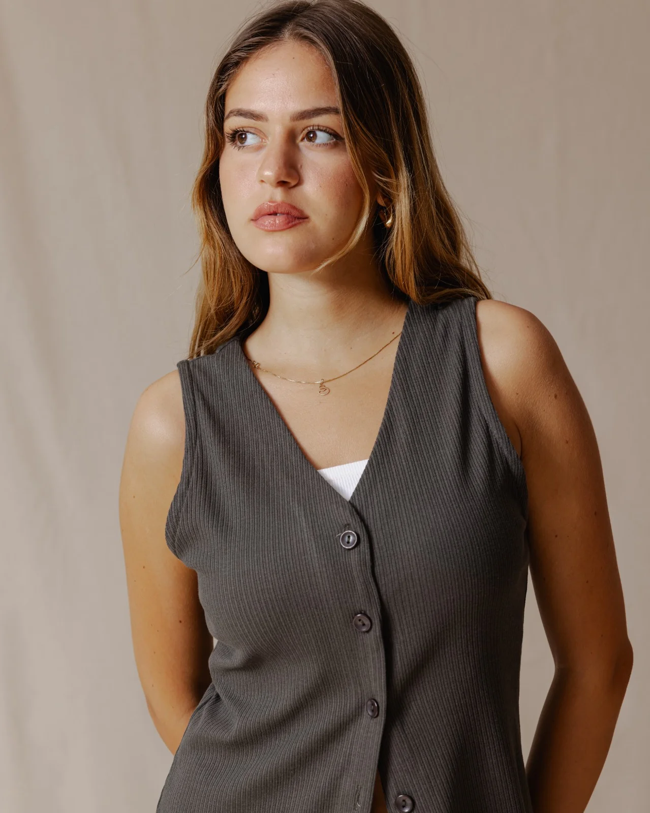 Buttoned Sleeveless Set Olive - Image 6