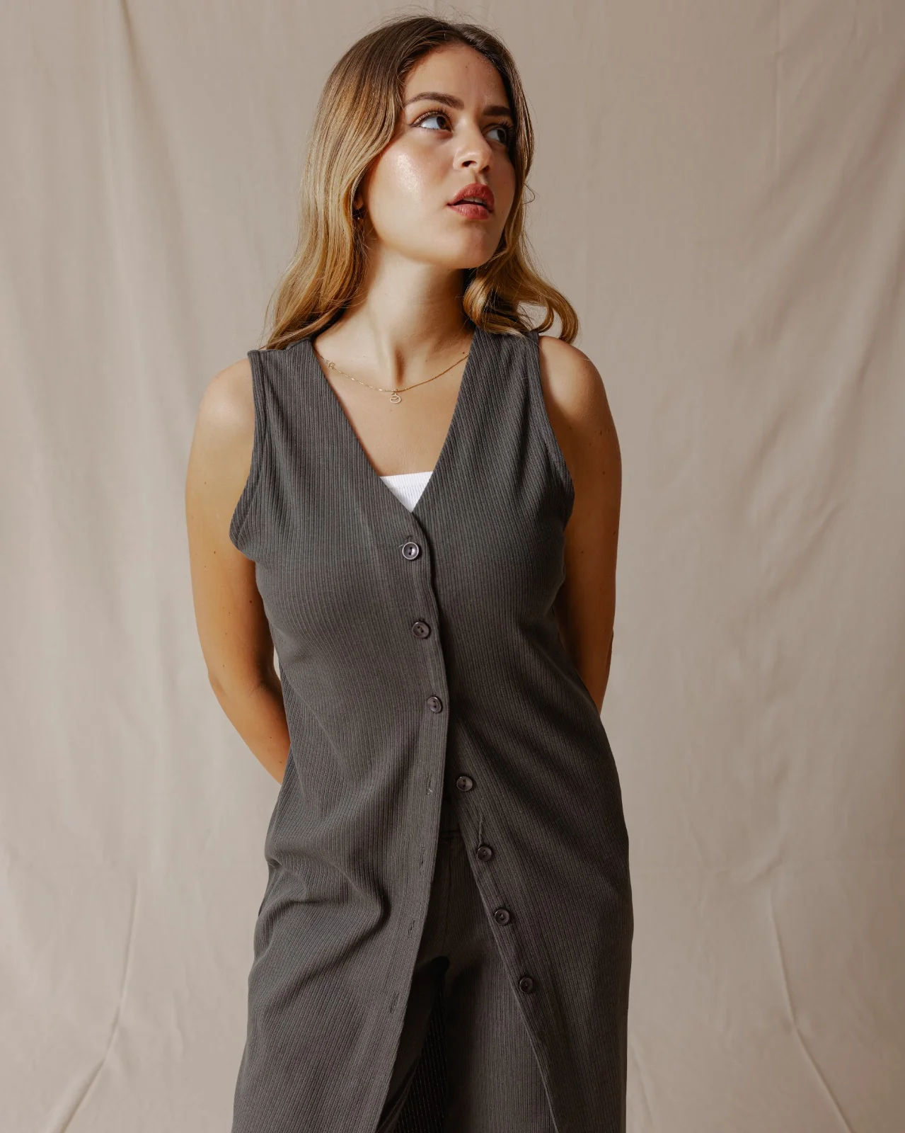 Buttoned Sleeveless Set Olive - Image 7