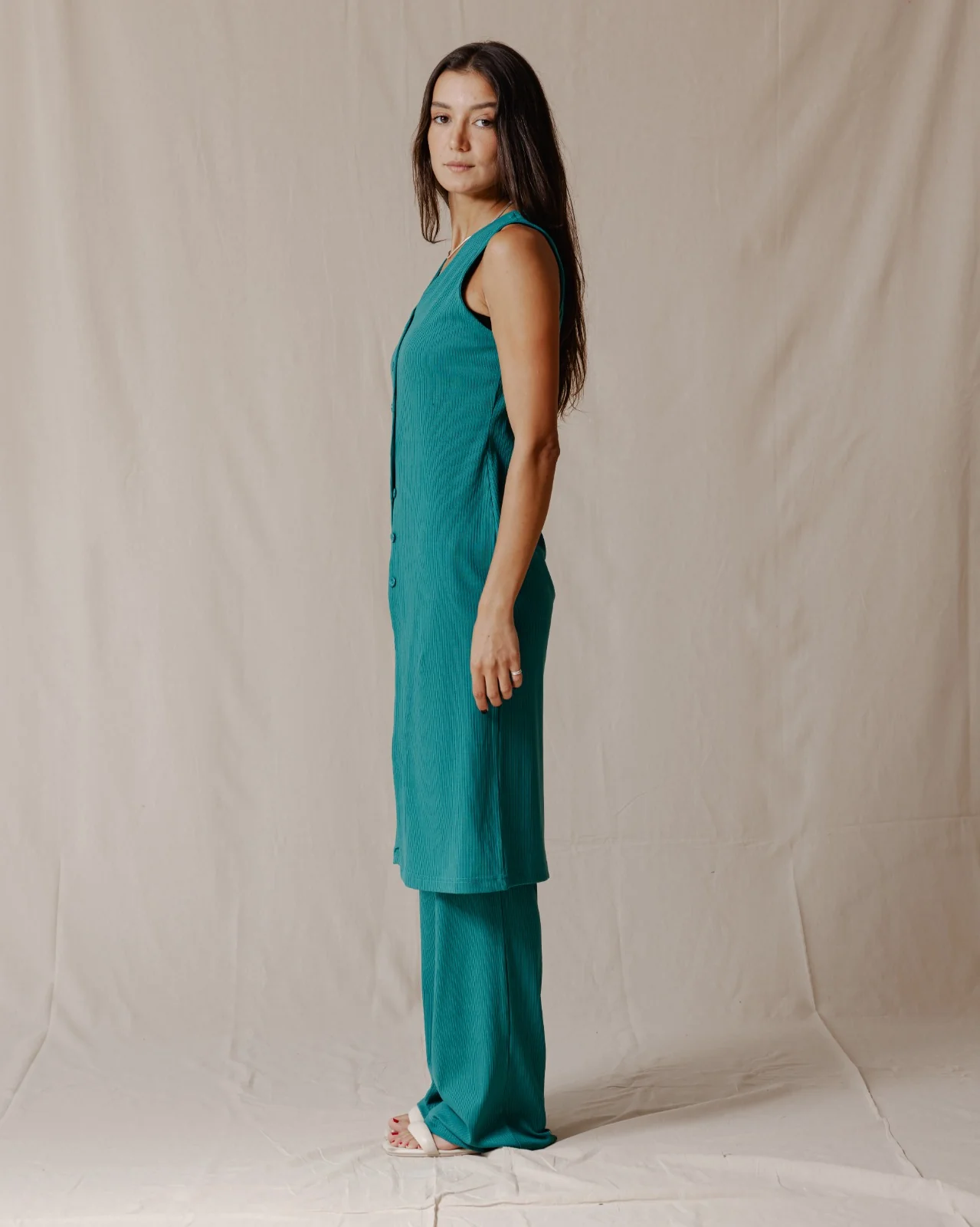 Buttoned Sleeveless Set Teal - Image 3