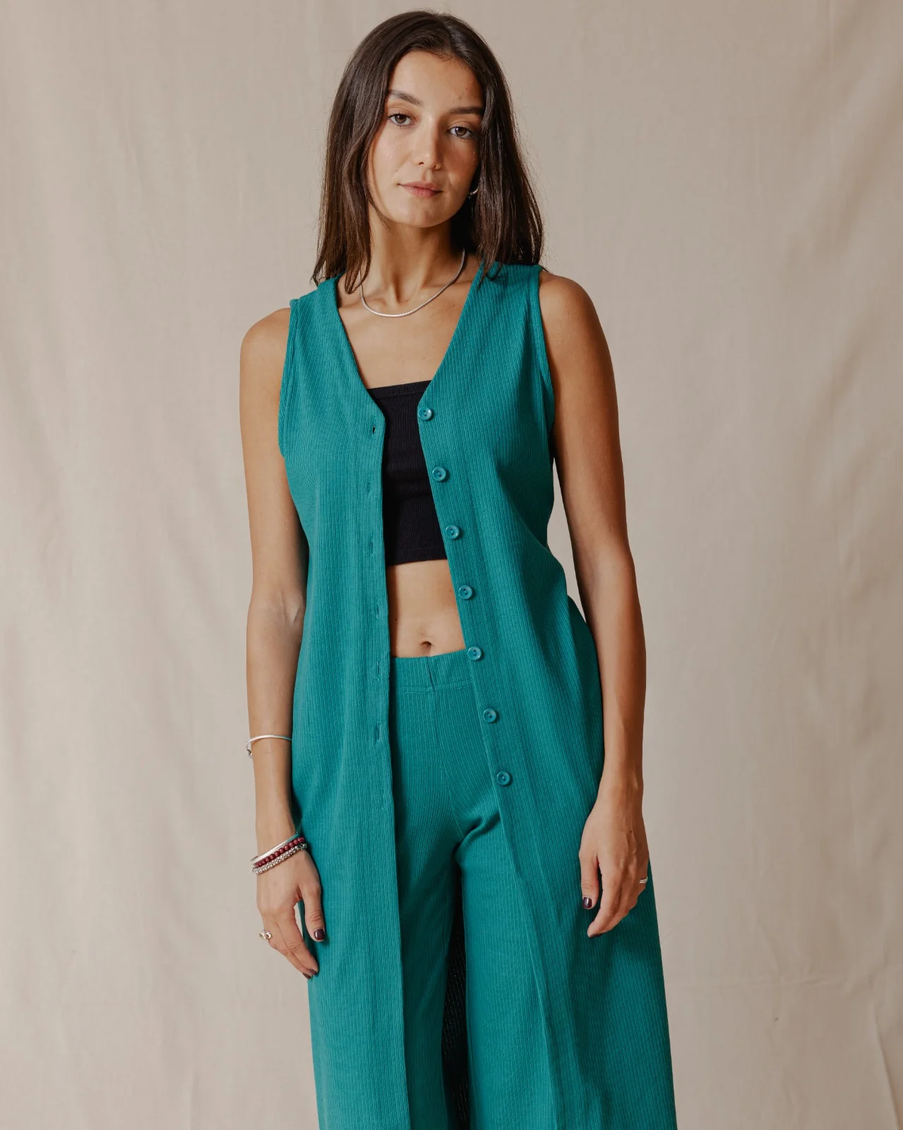 Buttoned Sleeveless Set Teal - Image 5