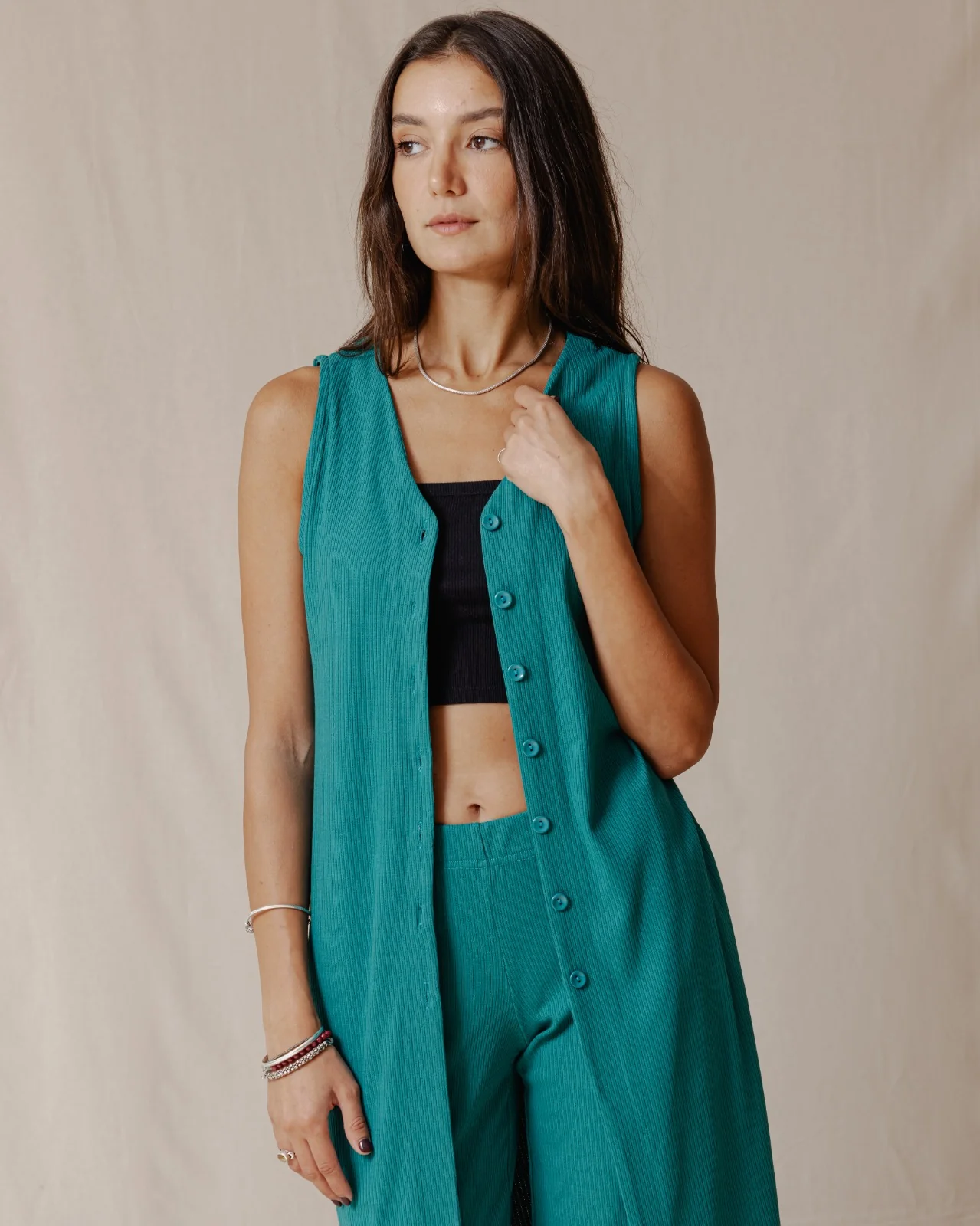 Buttoned Sleeveless Set Teal - Image 6