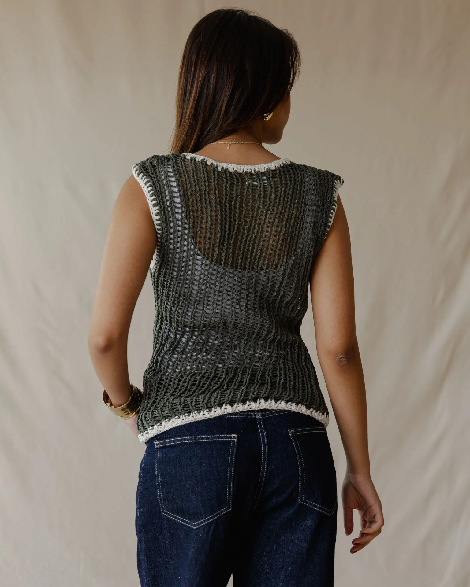 Contrast Crochet Top Olive - Image 3