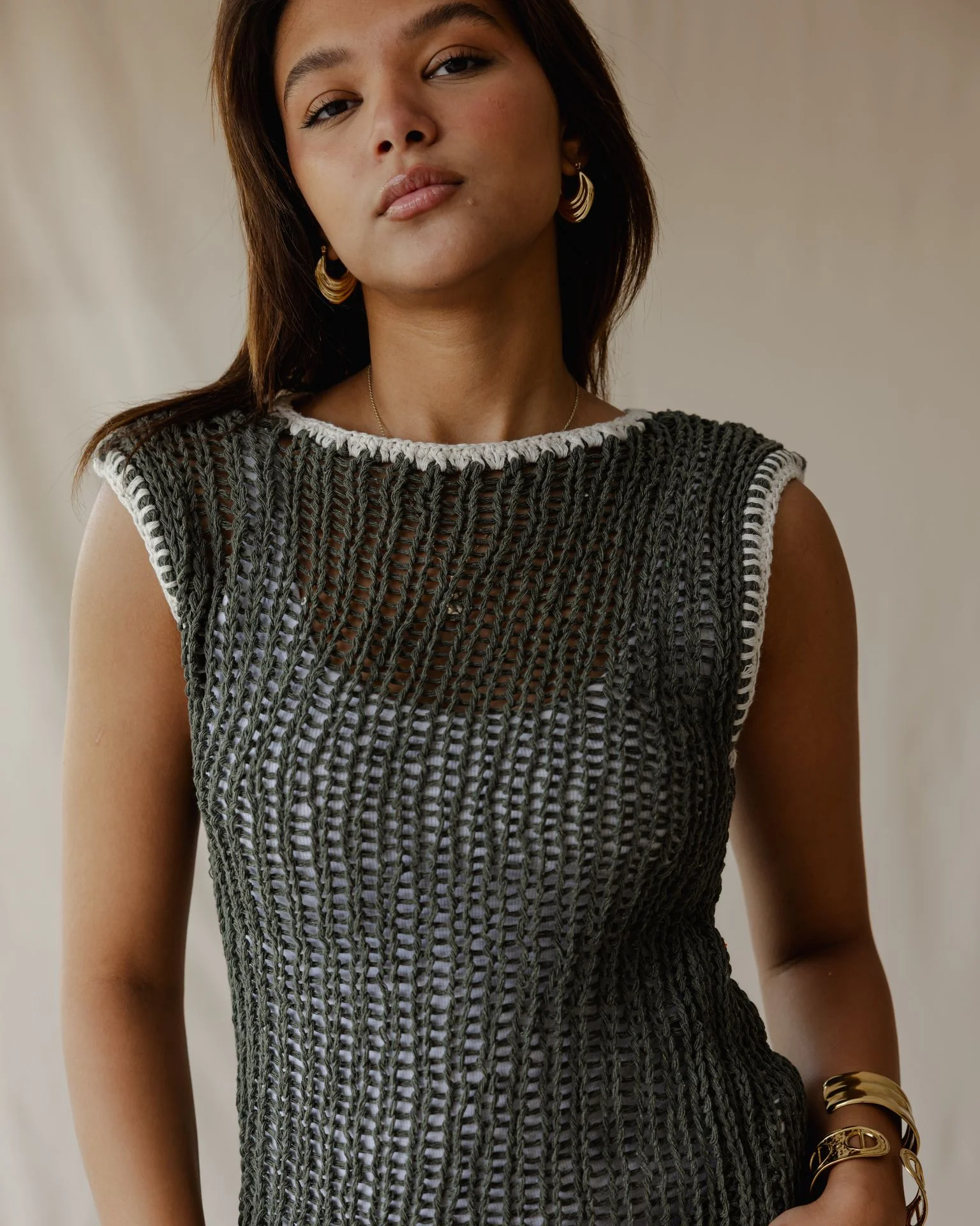 Contrast Crochet Top Olive - Image 4