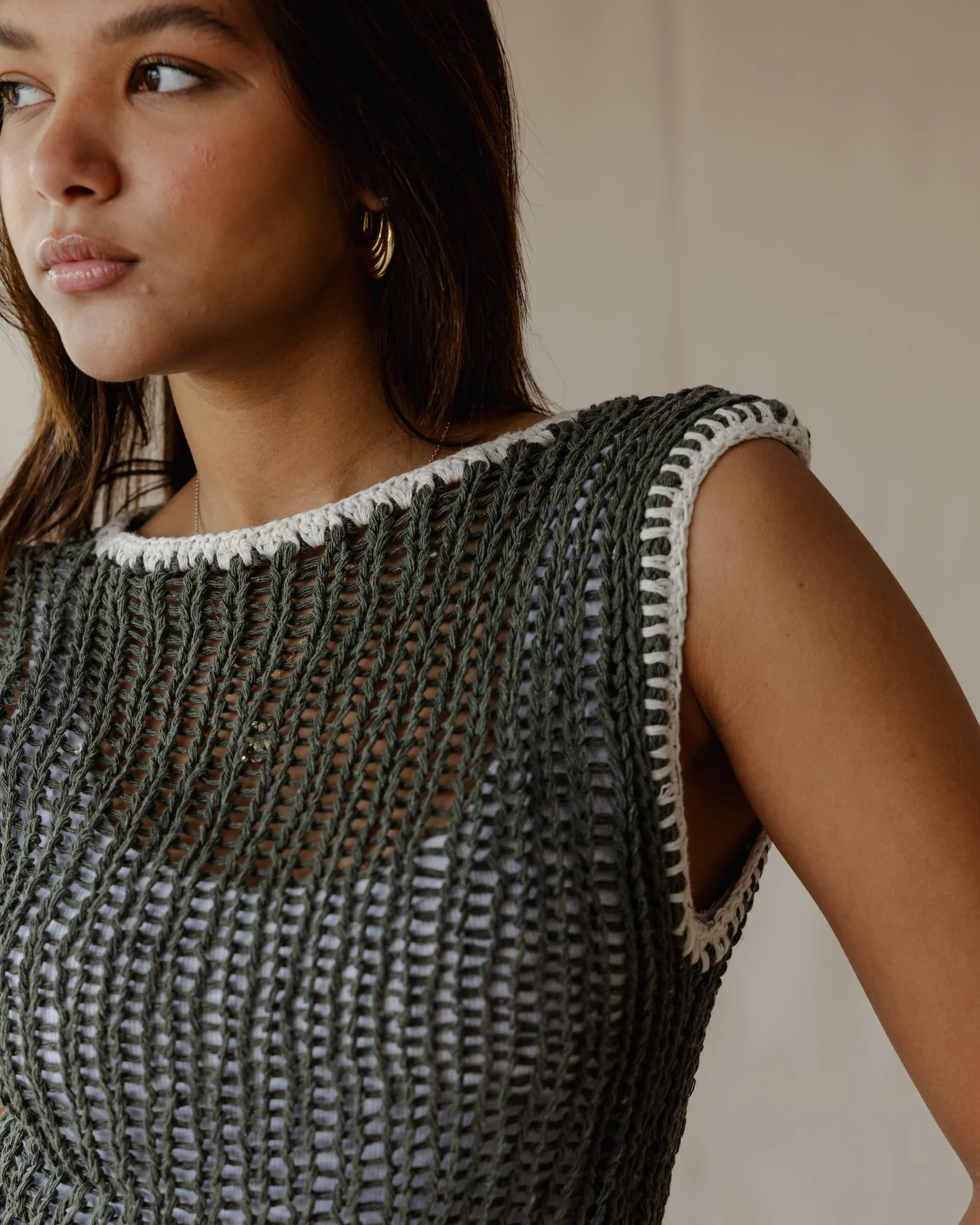 Contrast Crochet Top Olive - Image 5