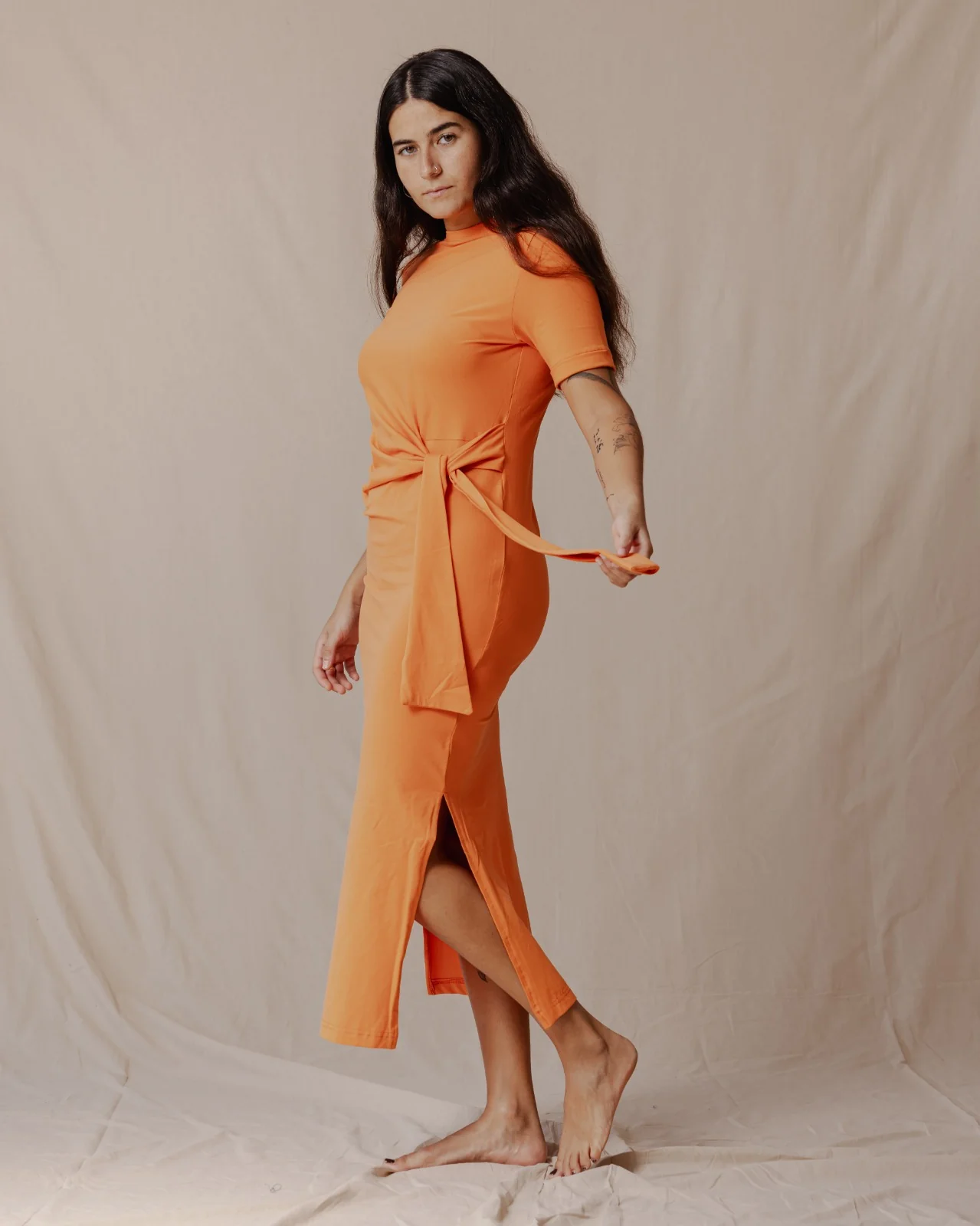 Side Tie Cotton Dress Orange - Image 3