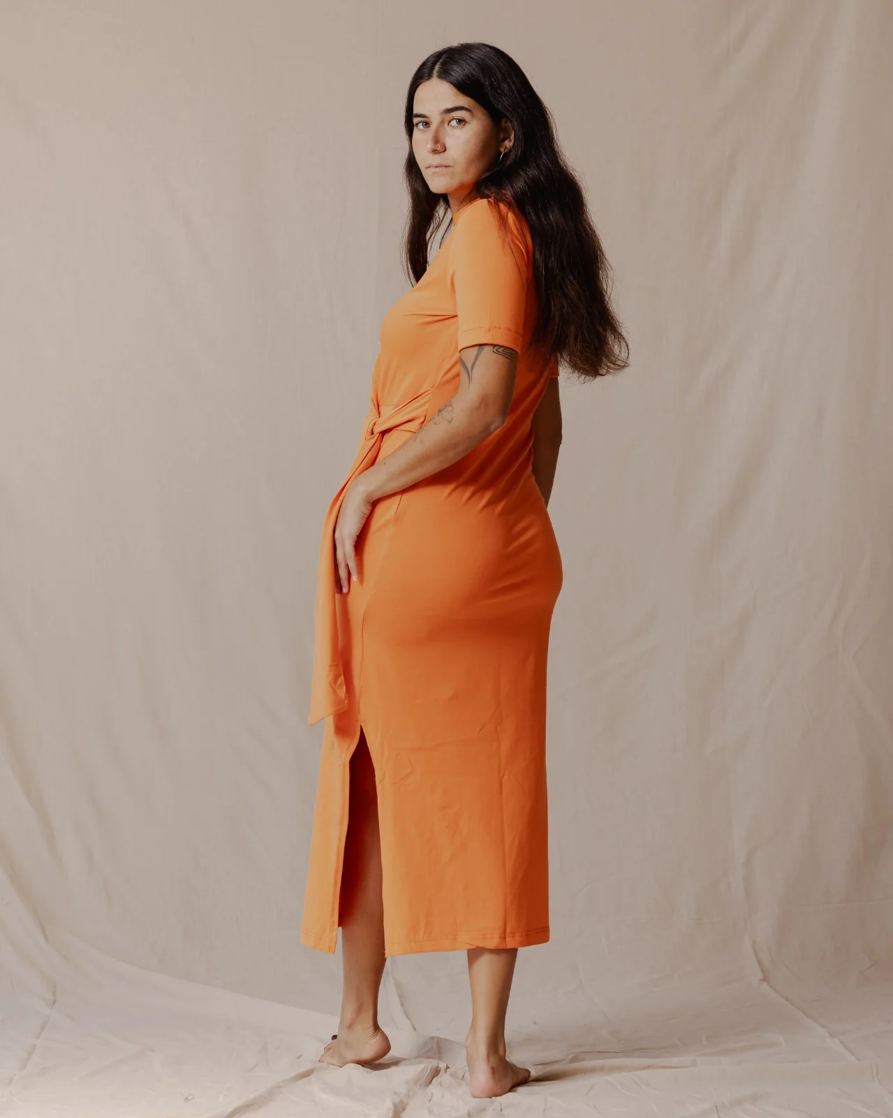 Side Tie Cotton Dress Orange - Image 4