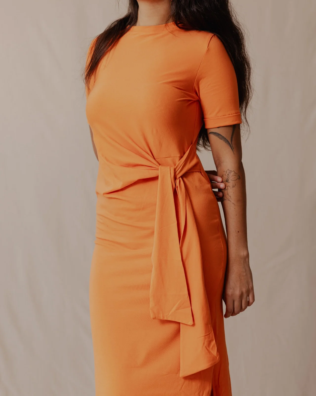 Side Tie Cotton Dress Orange - Image 5