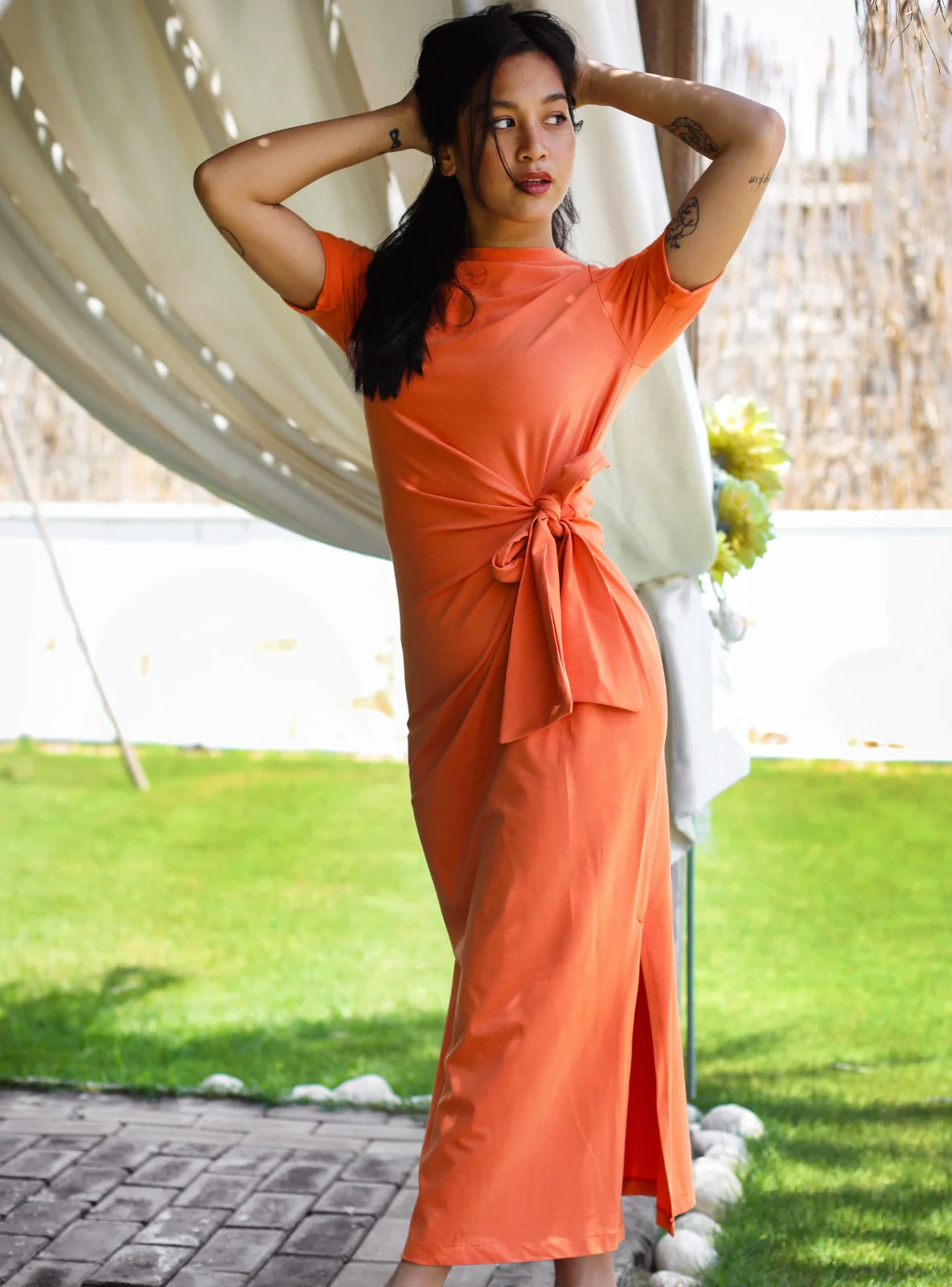 Side Tie Cotton Dress Orange - Image 9