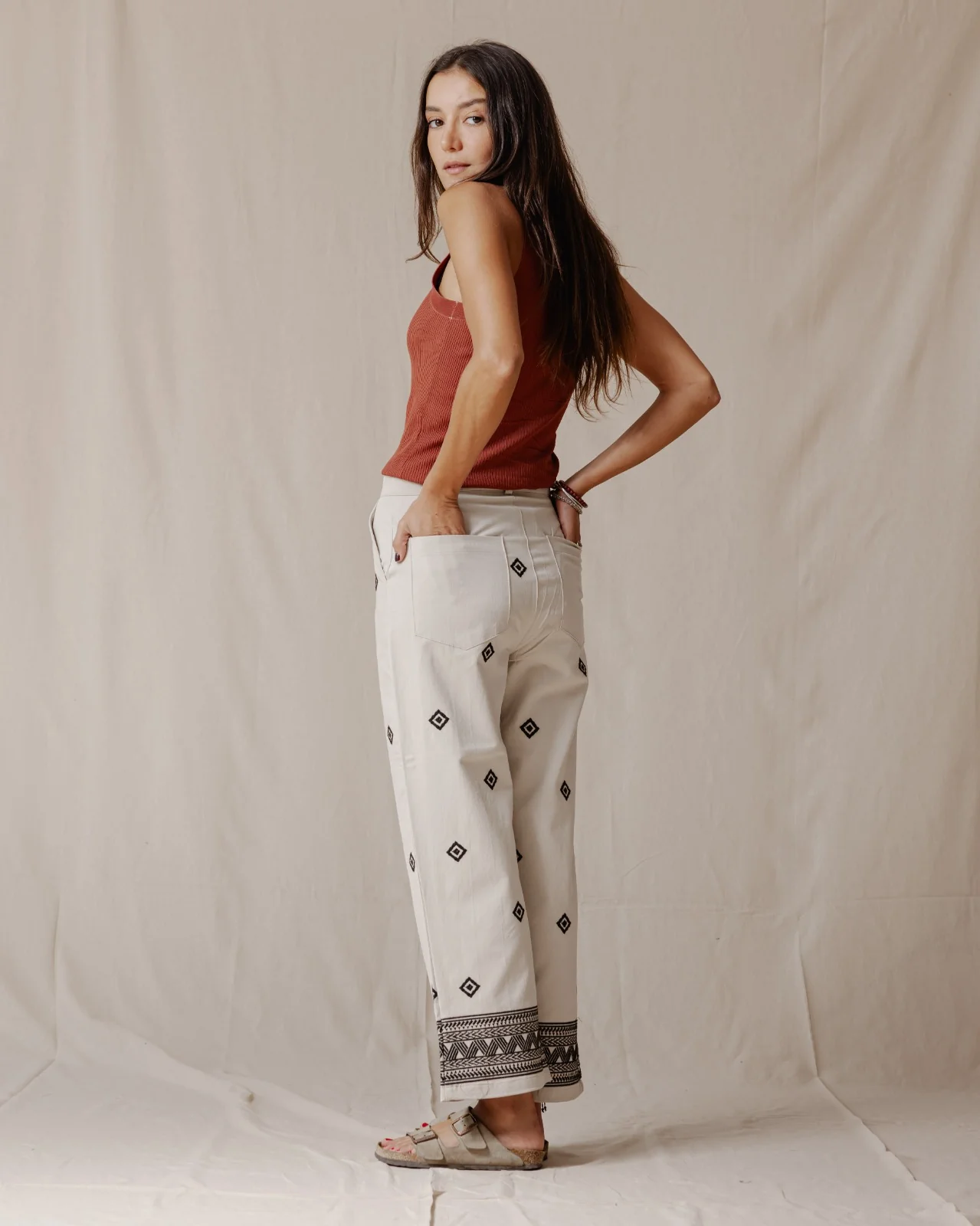 Ethnic Embroidered Pants Beige - Image 2