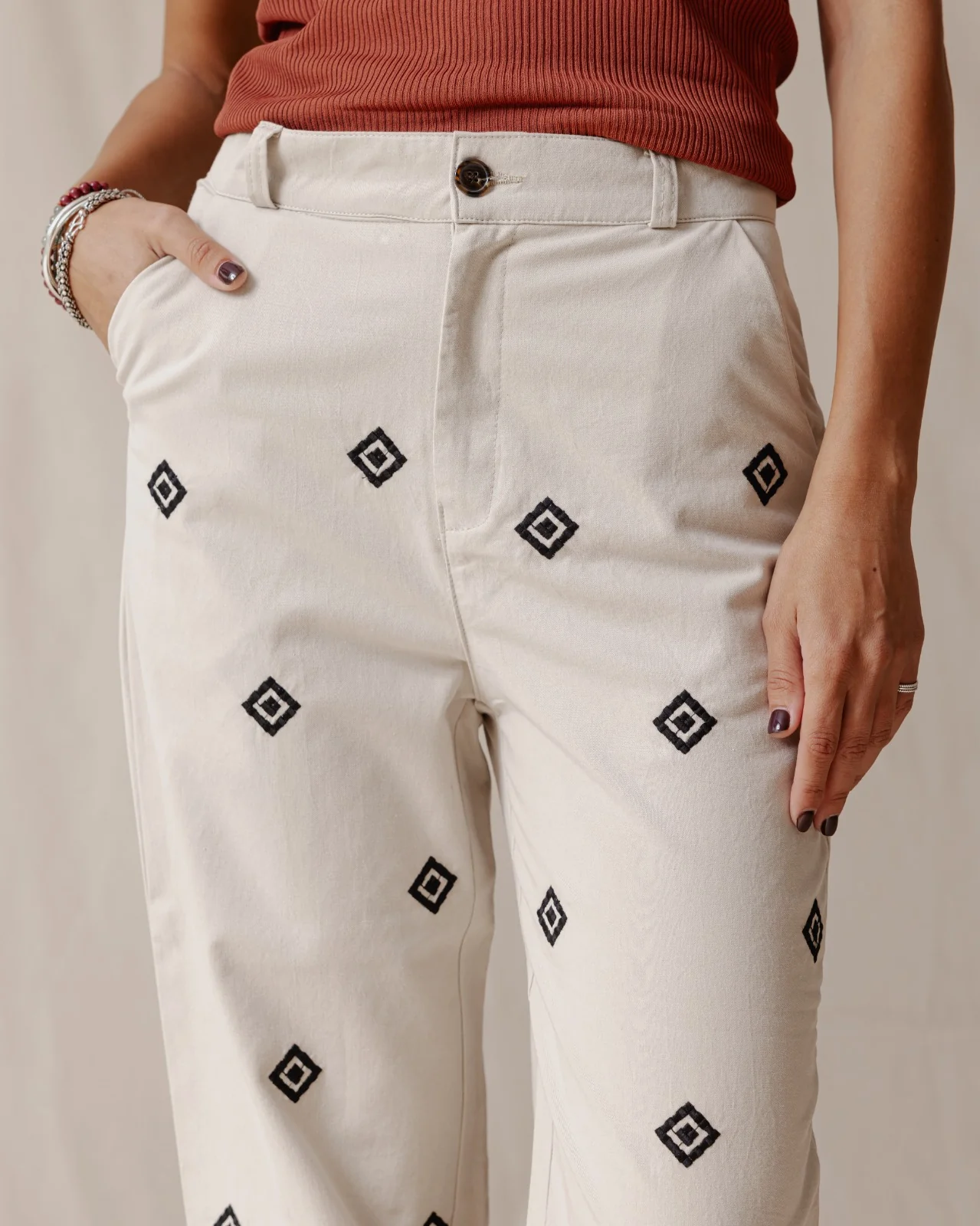 Ethnic Embroidered Pants Beige - Image 4