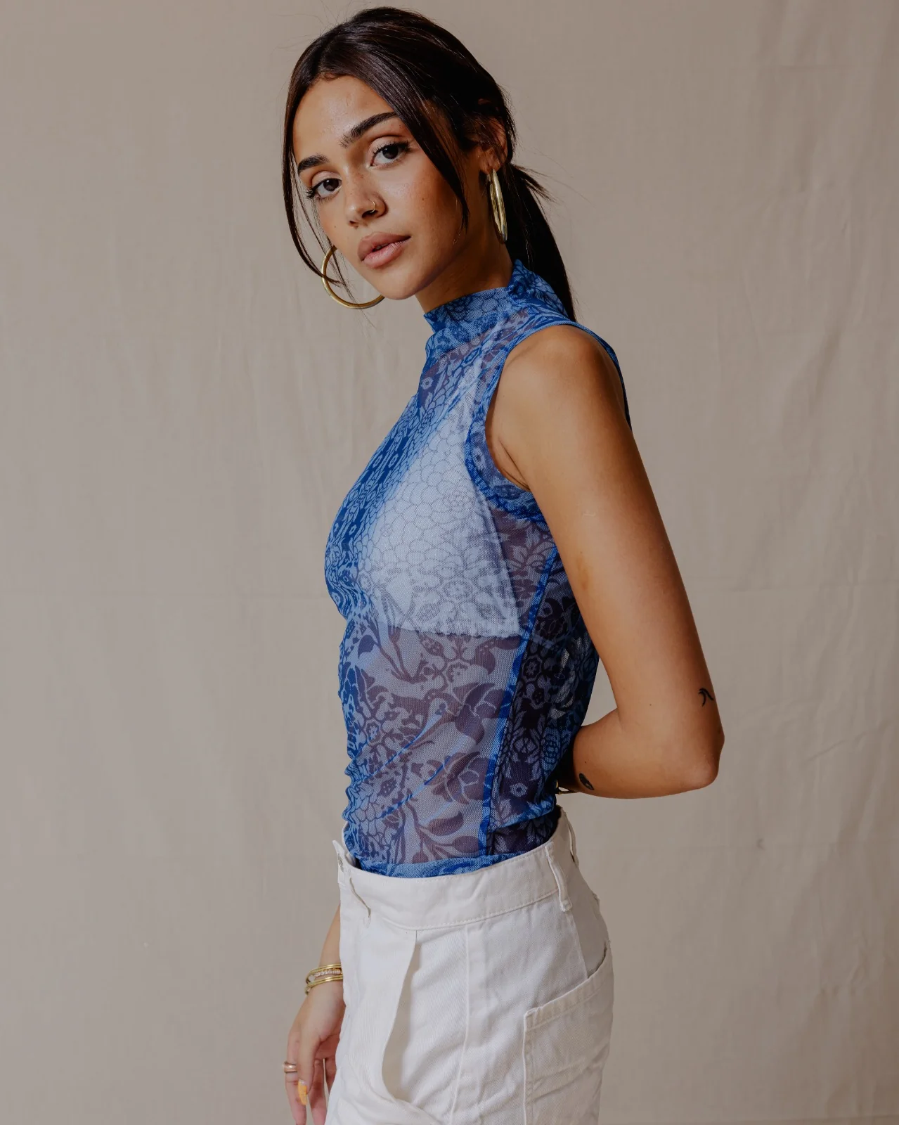 Floral Fusion Mesh Top Blue - Image 3