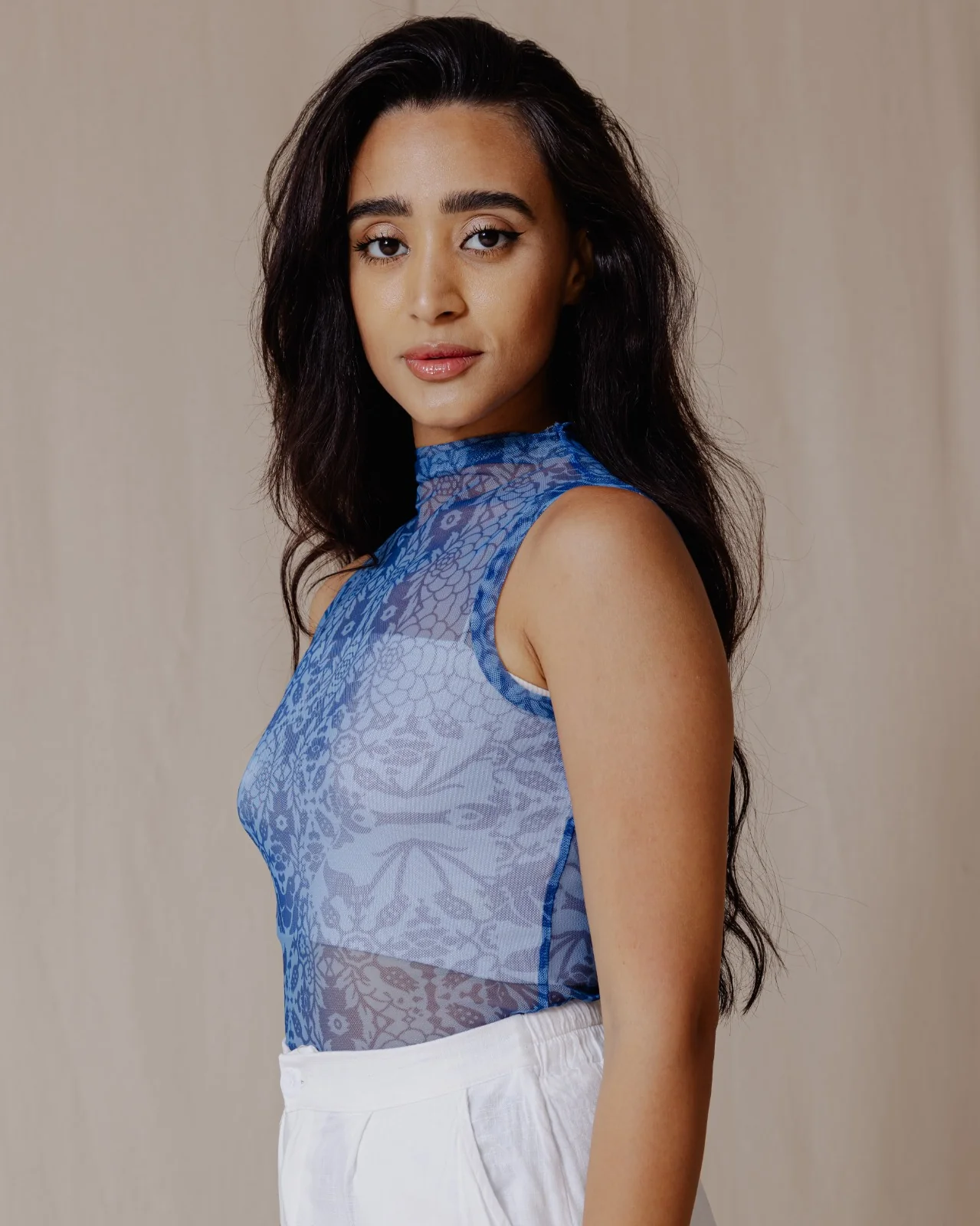 Floral Fusion Mesh Top Blue - Image 8