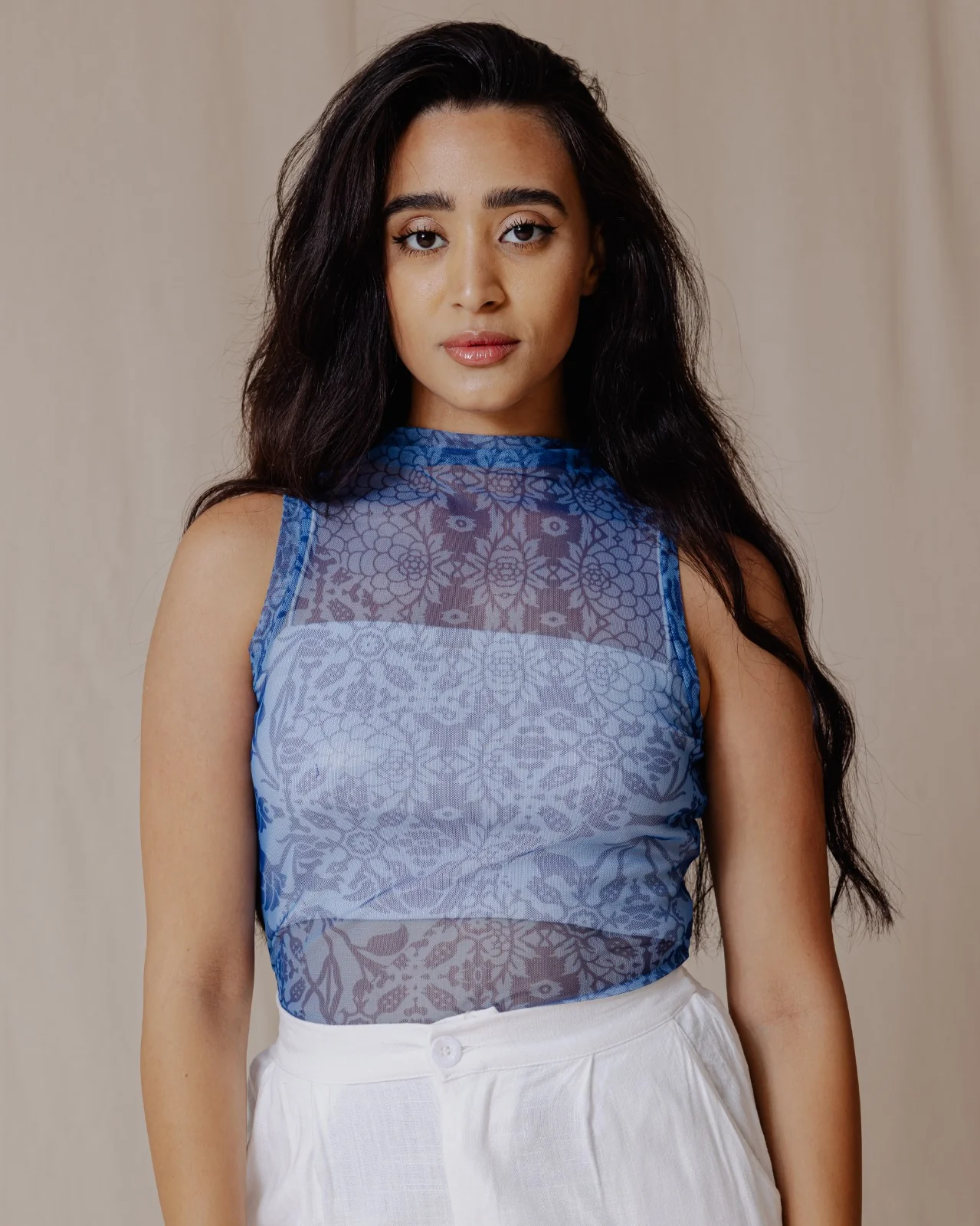 Floral Fusion Mesh Top Blue - Image 9