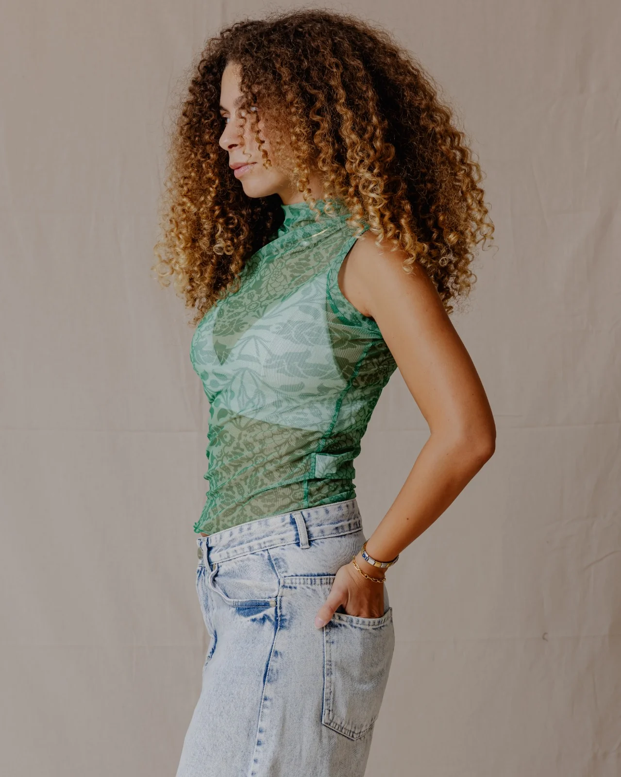 Floral Fusion Mesh Top Green - Image 3