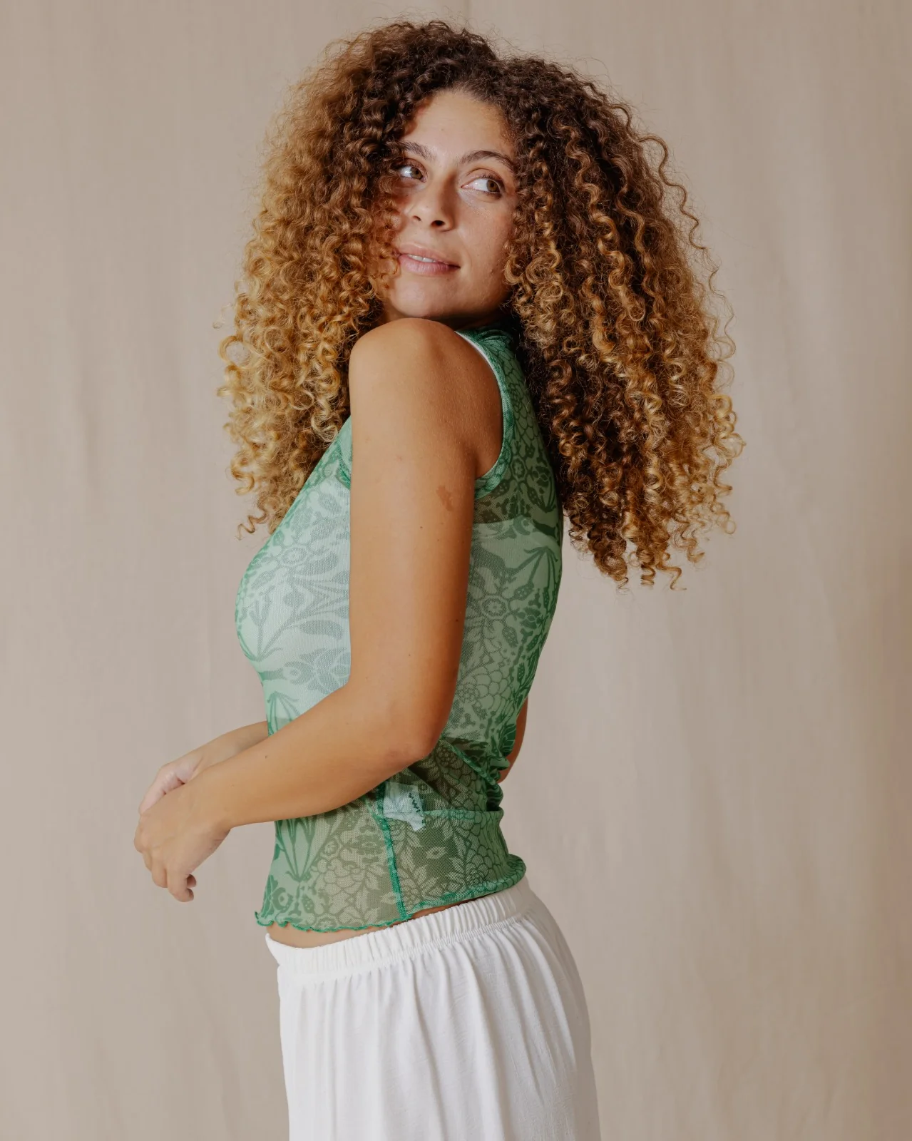 Floral Fusion Mesh Top Green - Image 5