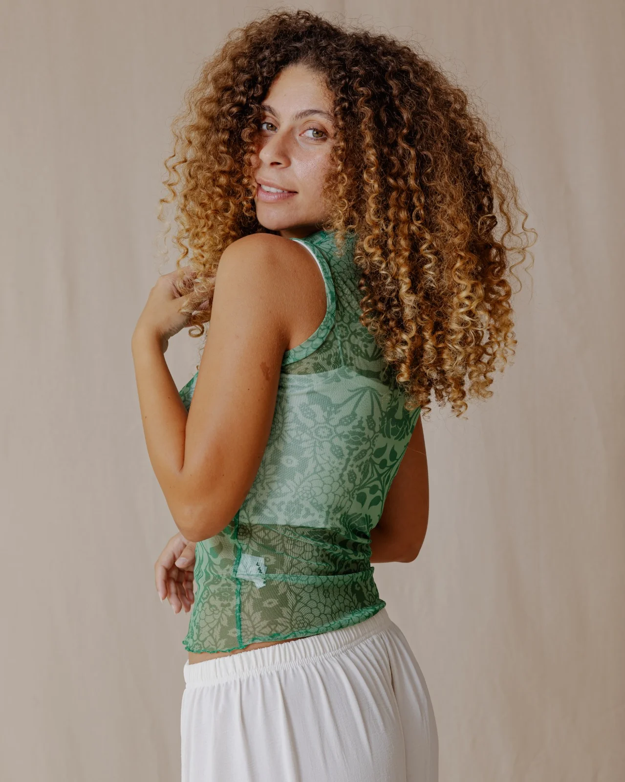 Floral Fusion Mesh Top Green - Image 6