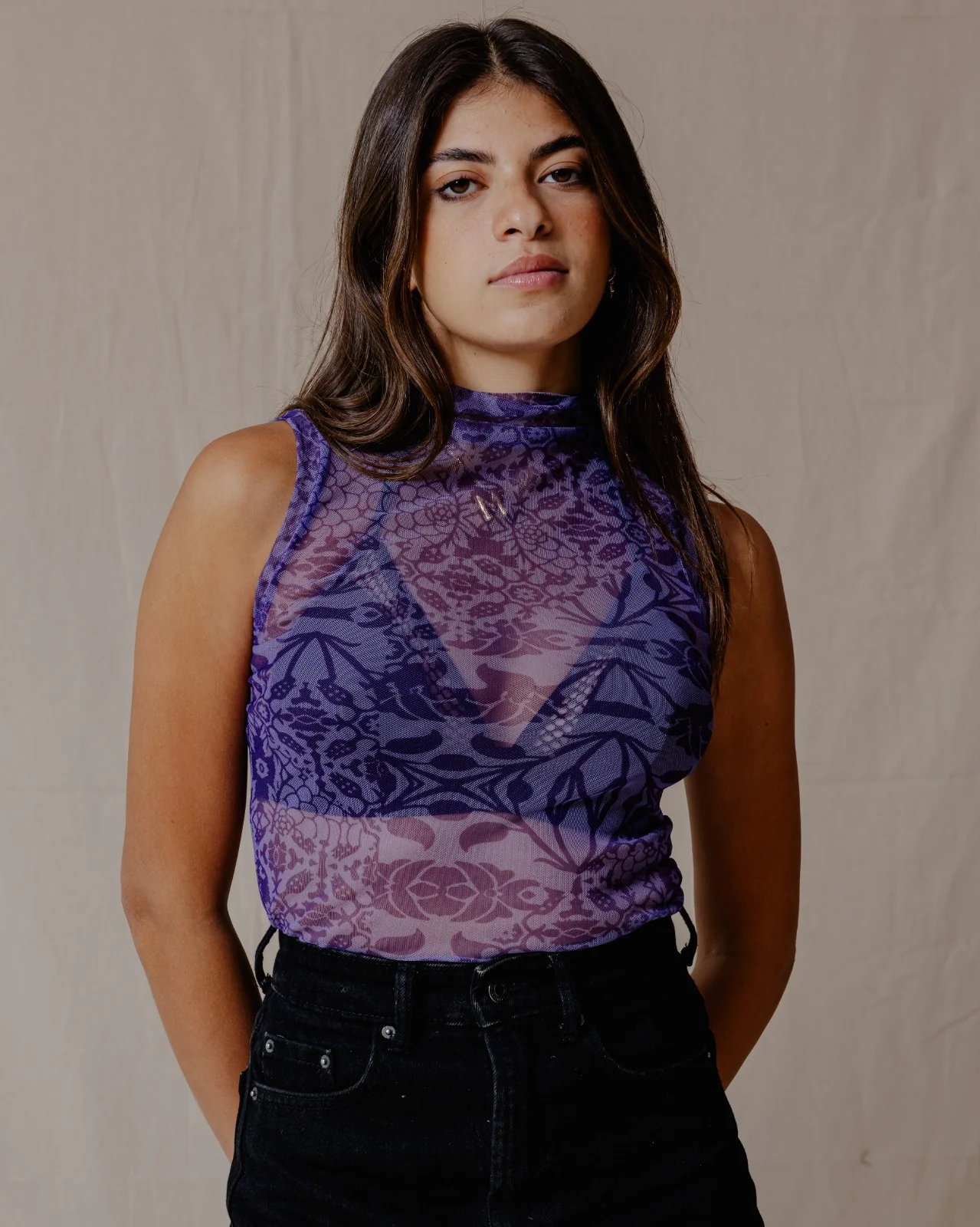Floral Fusion Mesh Top Purple - Image 3