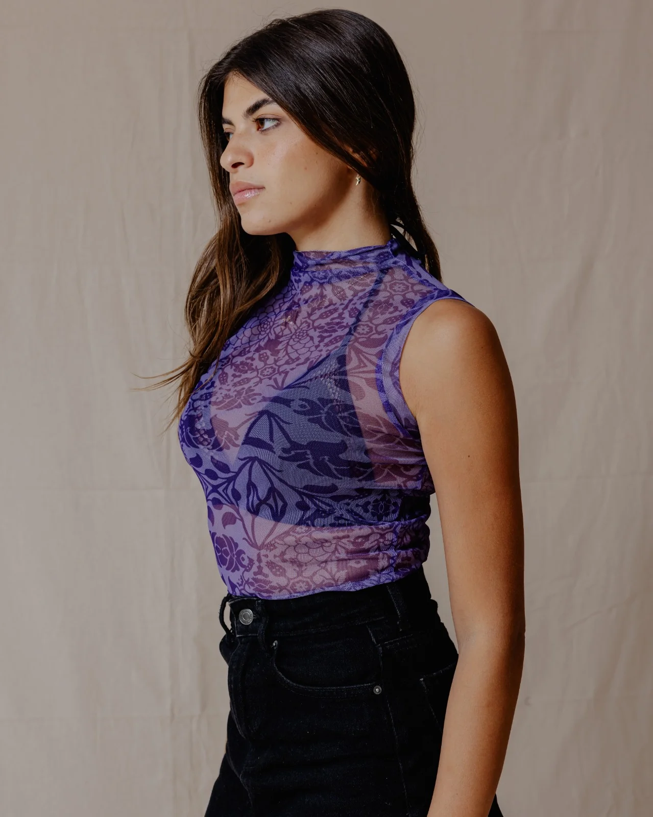 Floral Fusion Mesh Top Purple - Image 4