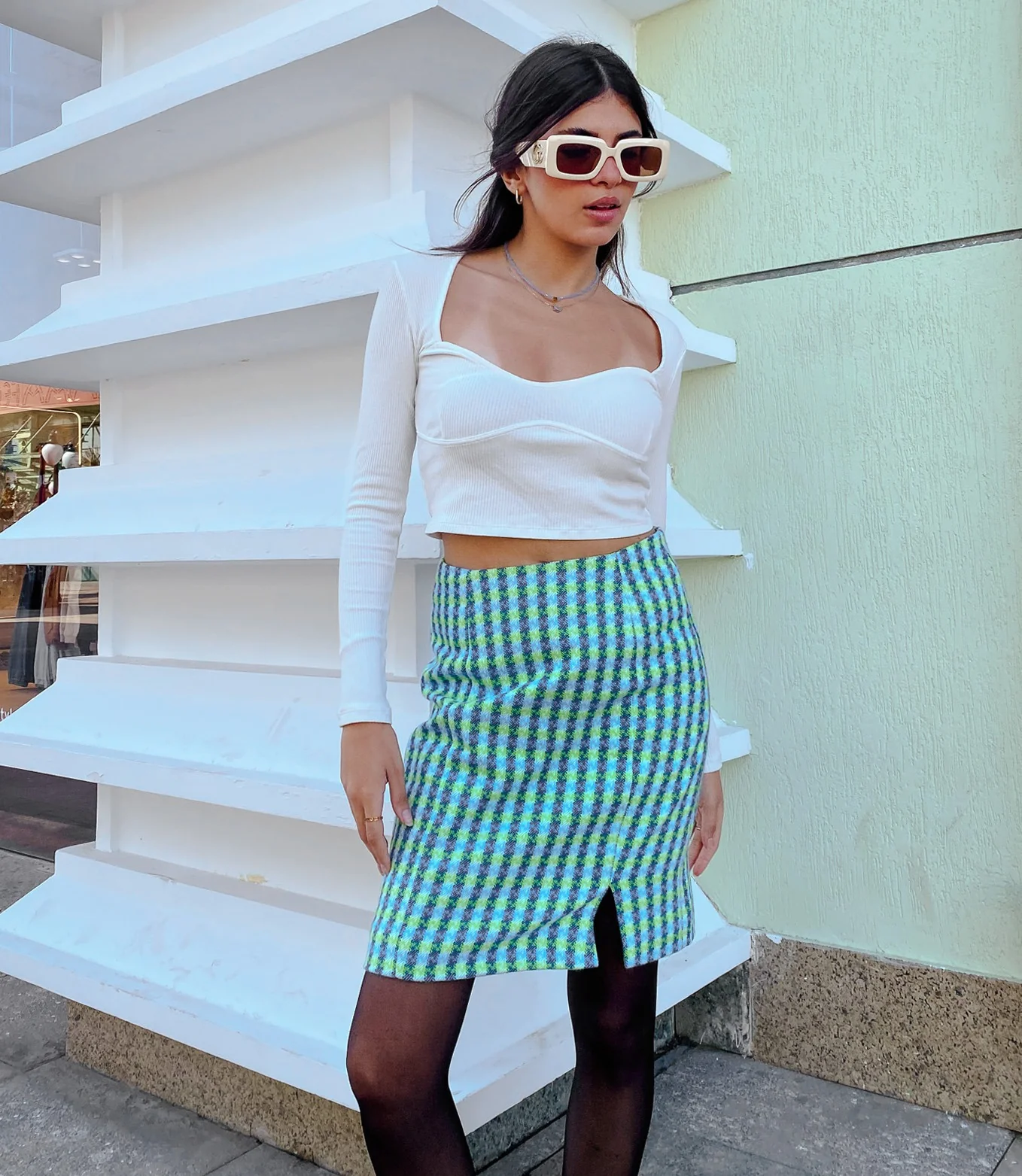 Lime Houndstooth Knee Length Skirt - Image 2