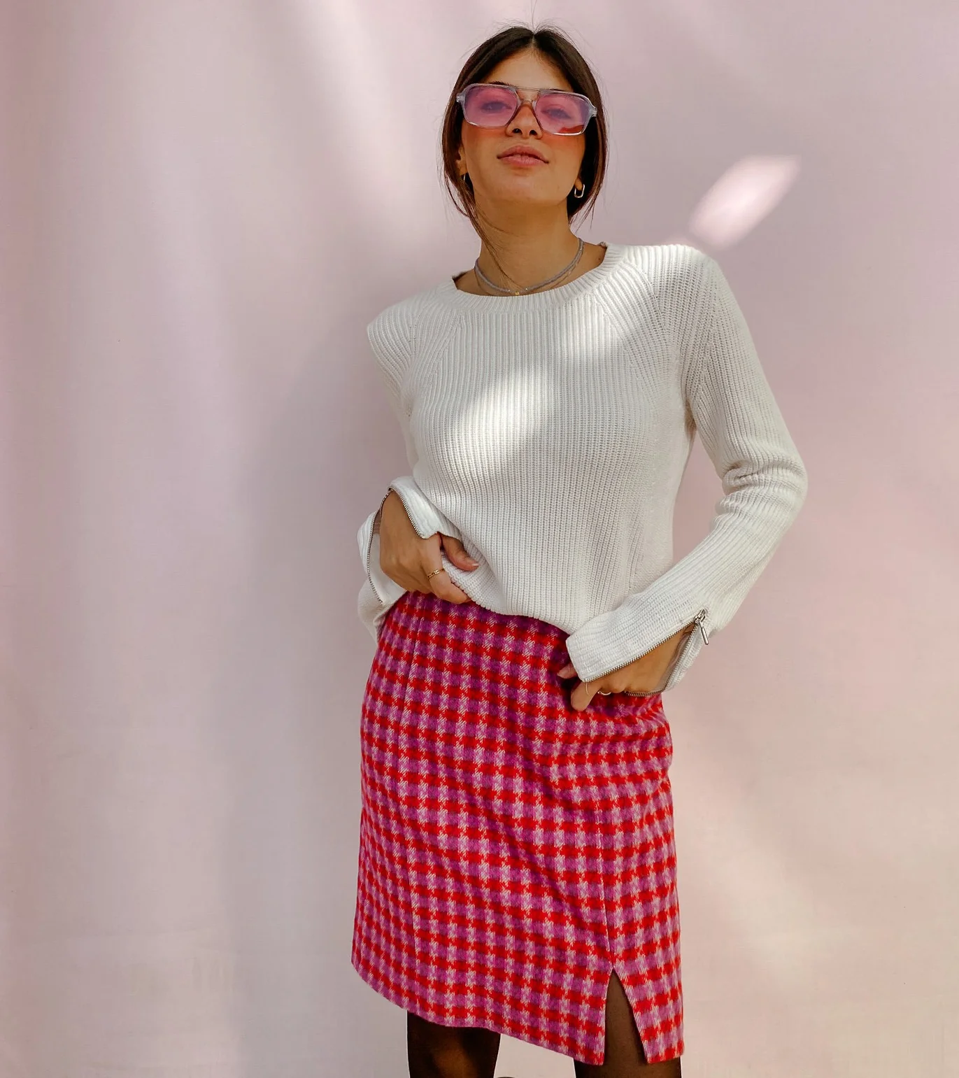 Pink Houndstooth Knee Length Skirt - Image 2