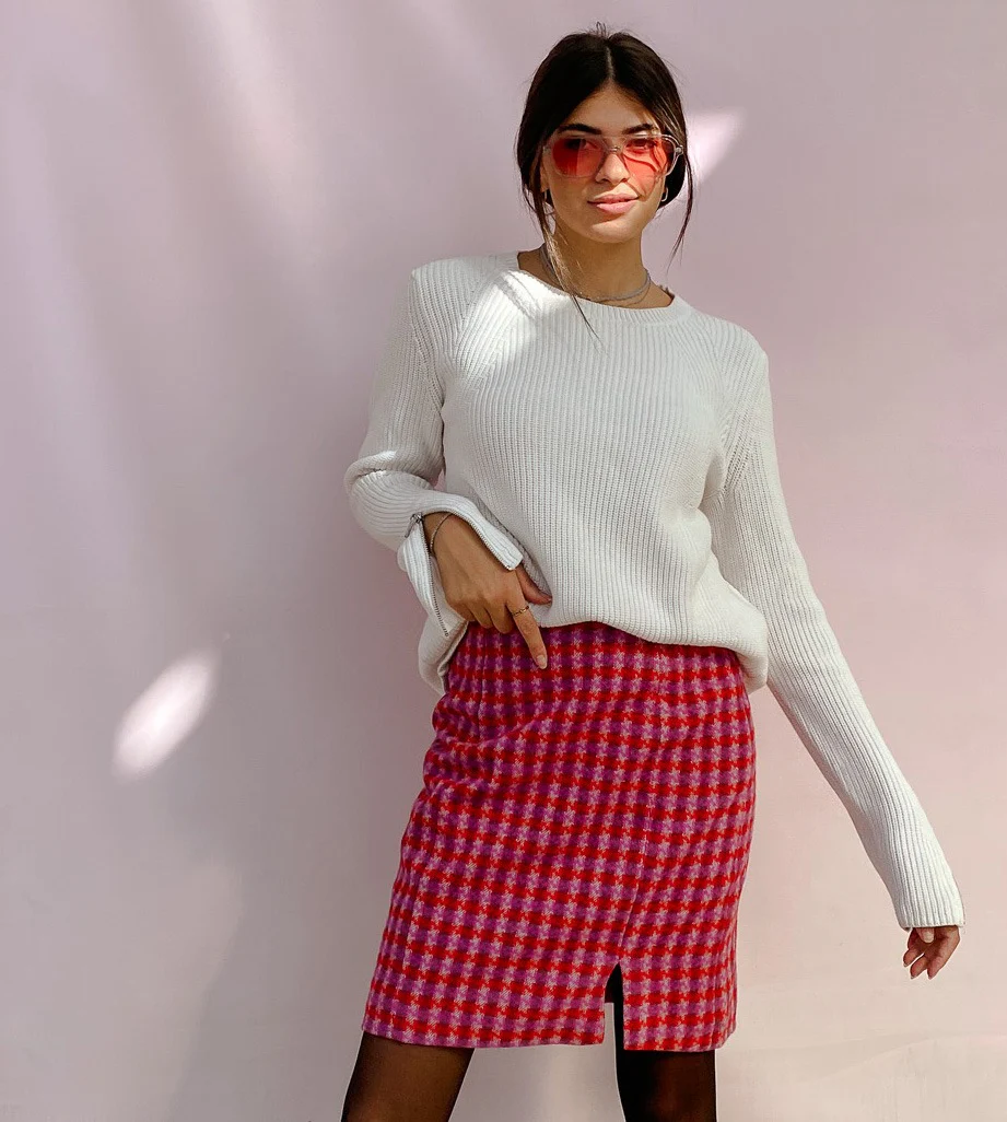 Pink Houndstooth Knee Length Skirt - Image 3