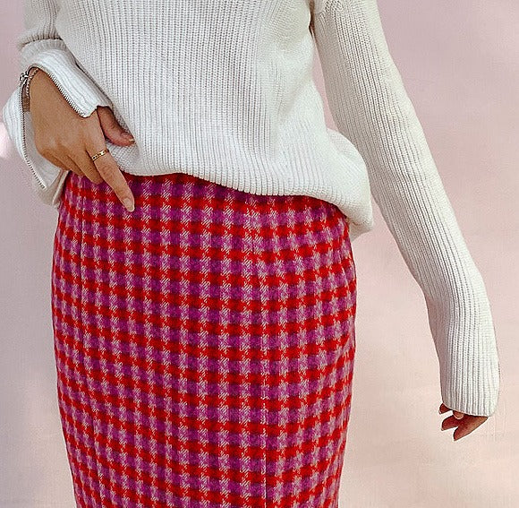 Pink Houndstooth Knee Length Skirt - Image 4