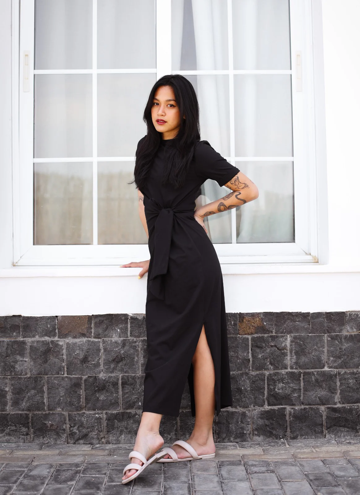 Side Tie Cotton Dress Black - Image 10