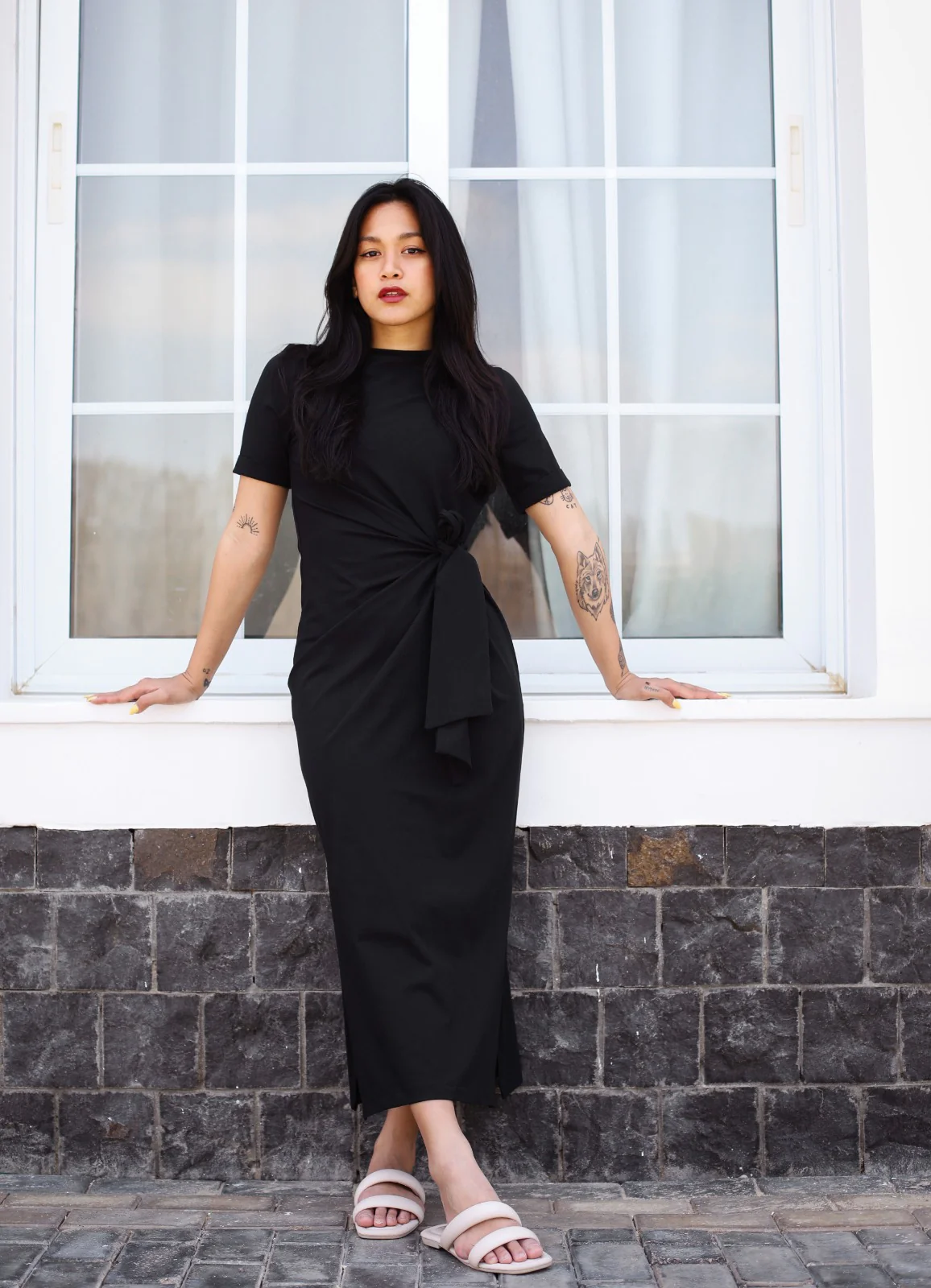 Side Tie Cotton Dress Black - Image 11