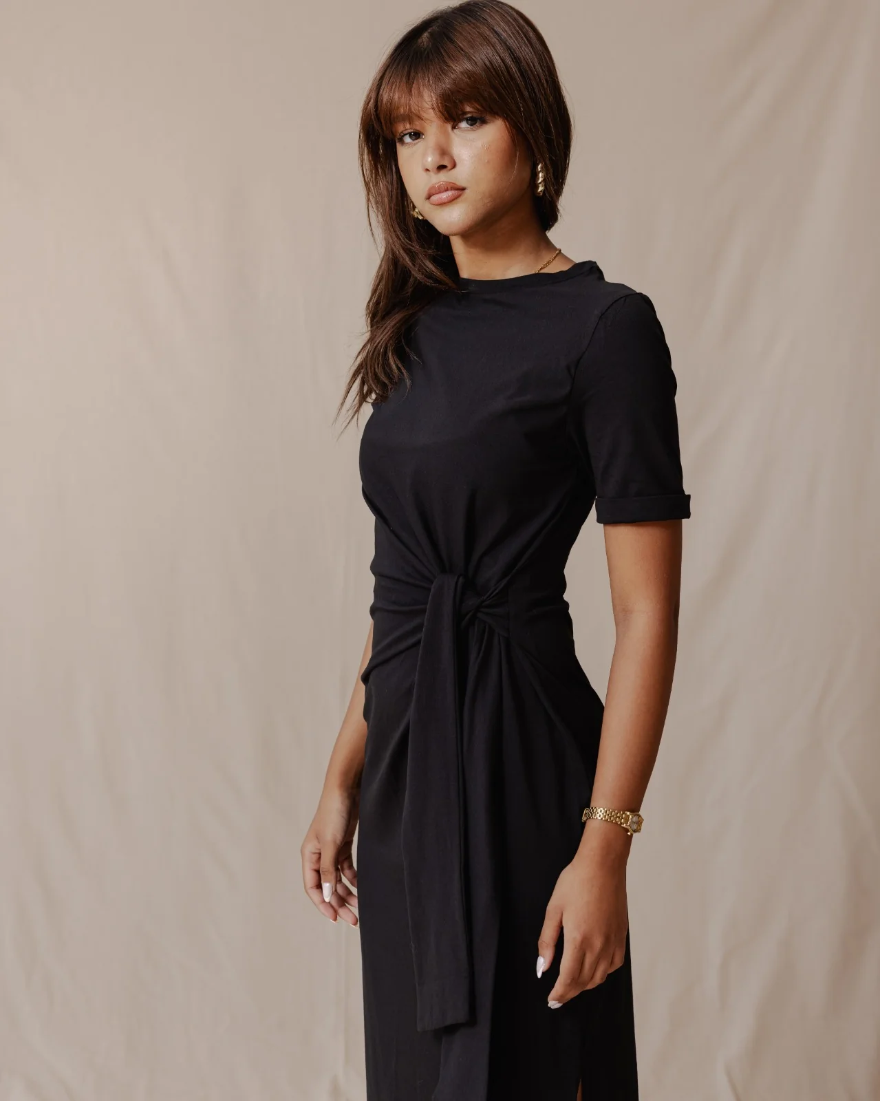 Side Tie Cotton Dress Black - Image 4