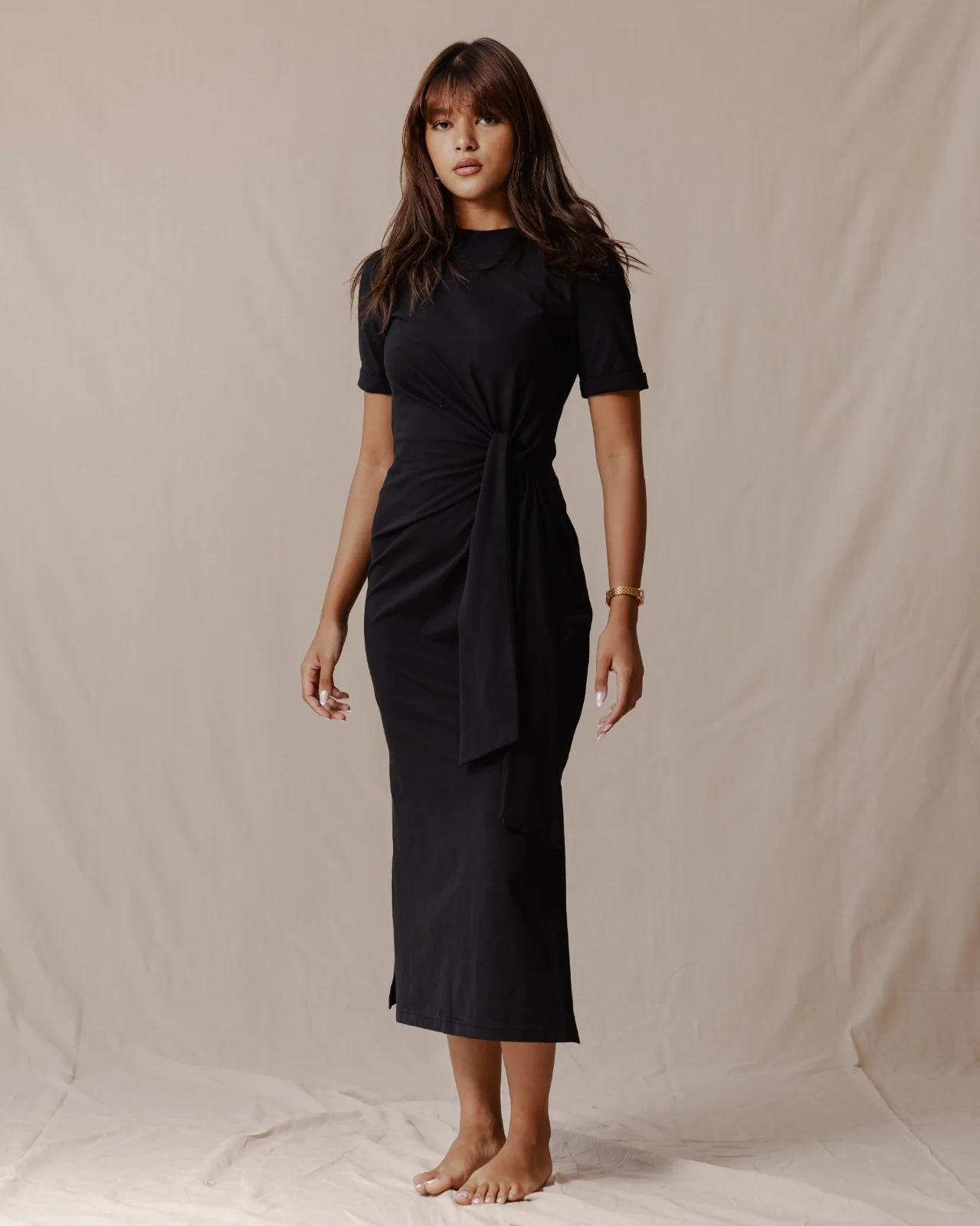 Side Tie Cotton Dress Black - Image 5