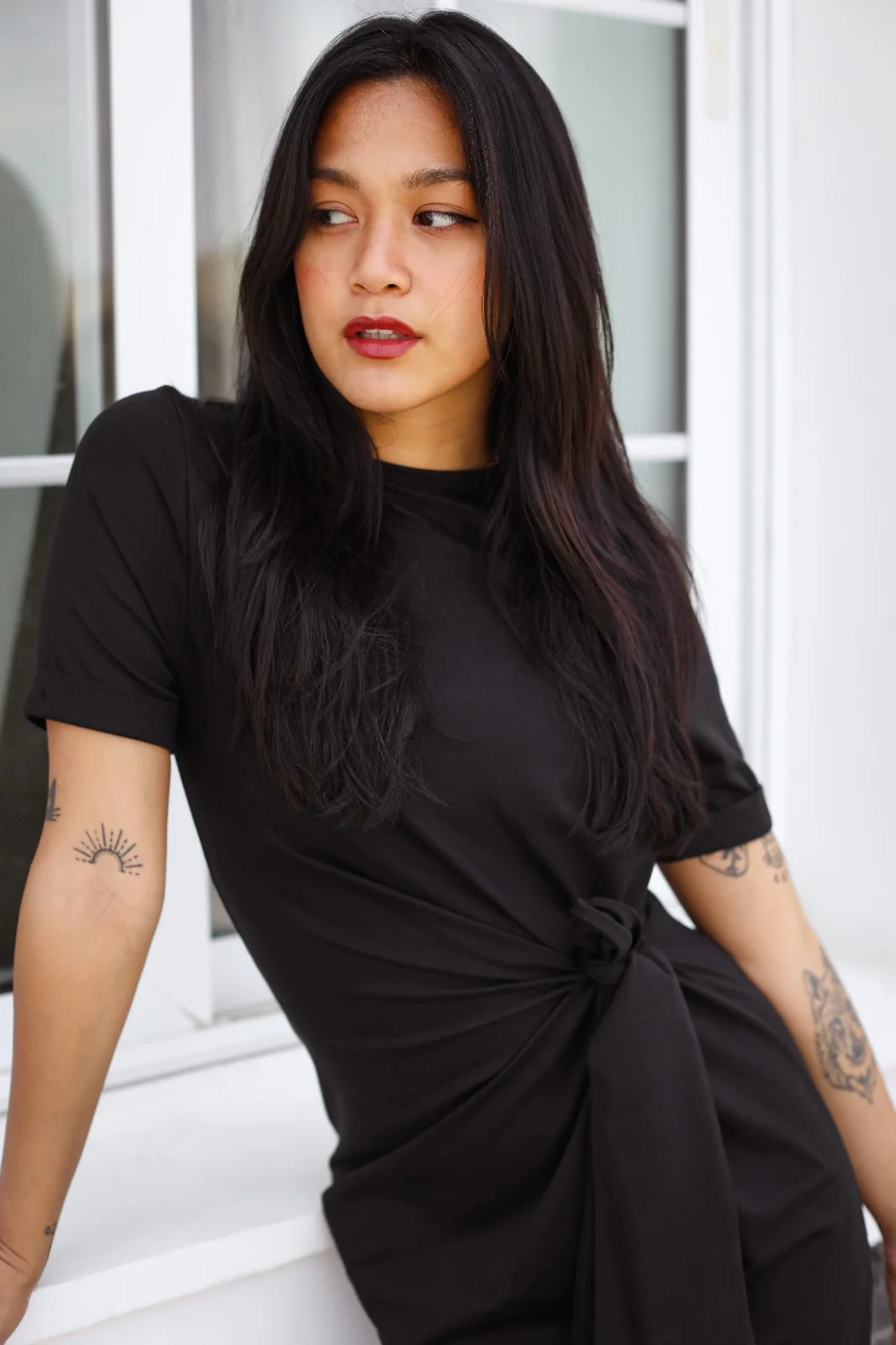 Side Tie Cotton Dress Black - Image 9