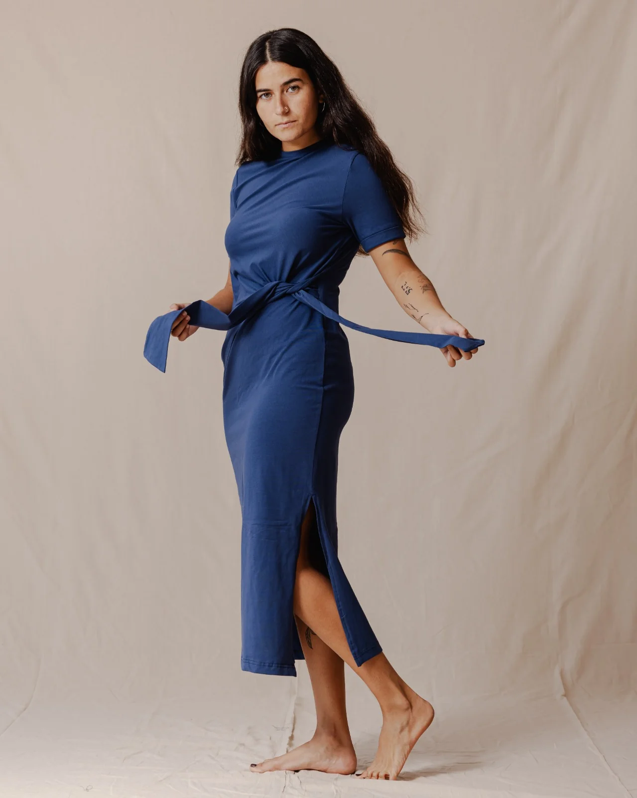 Side Tie Cotton Dress Blue - Image 3