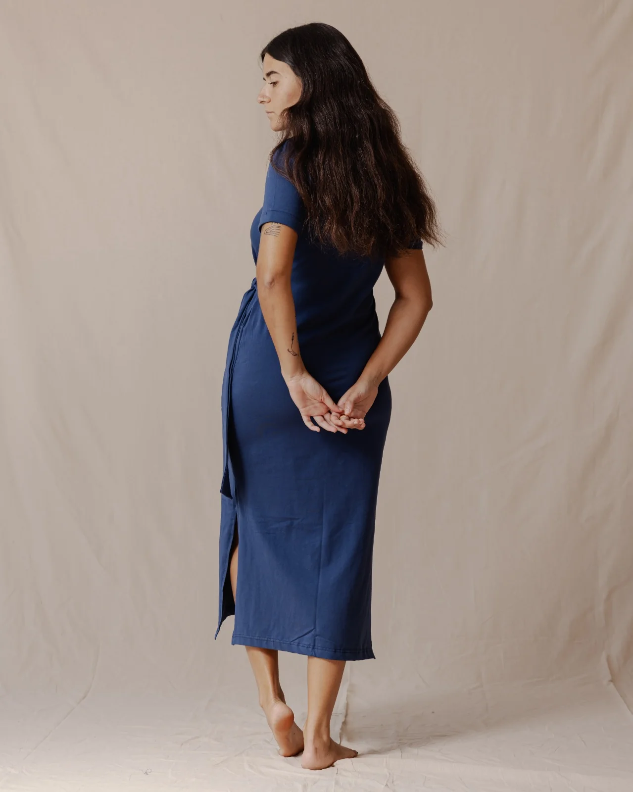 Side Tie Cotton Dress Blue - Image 4