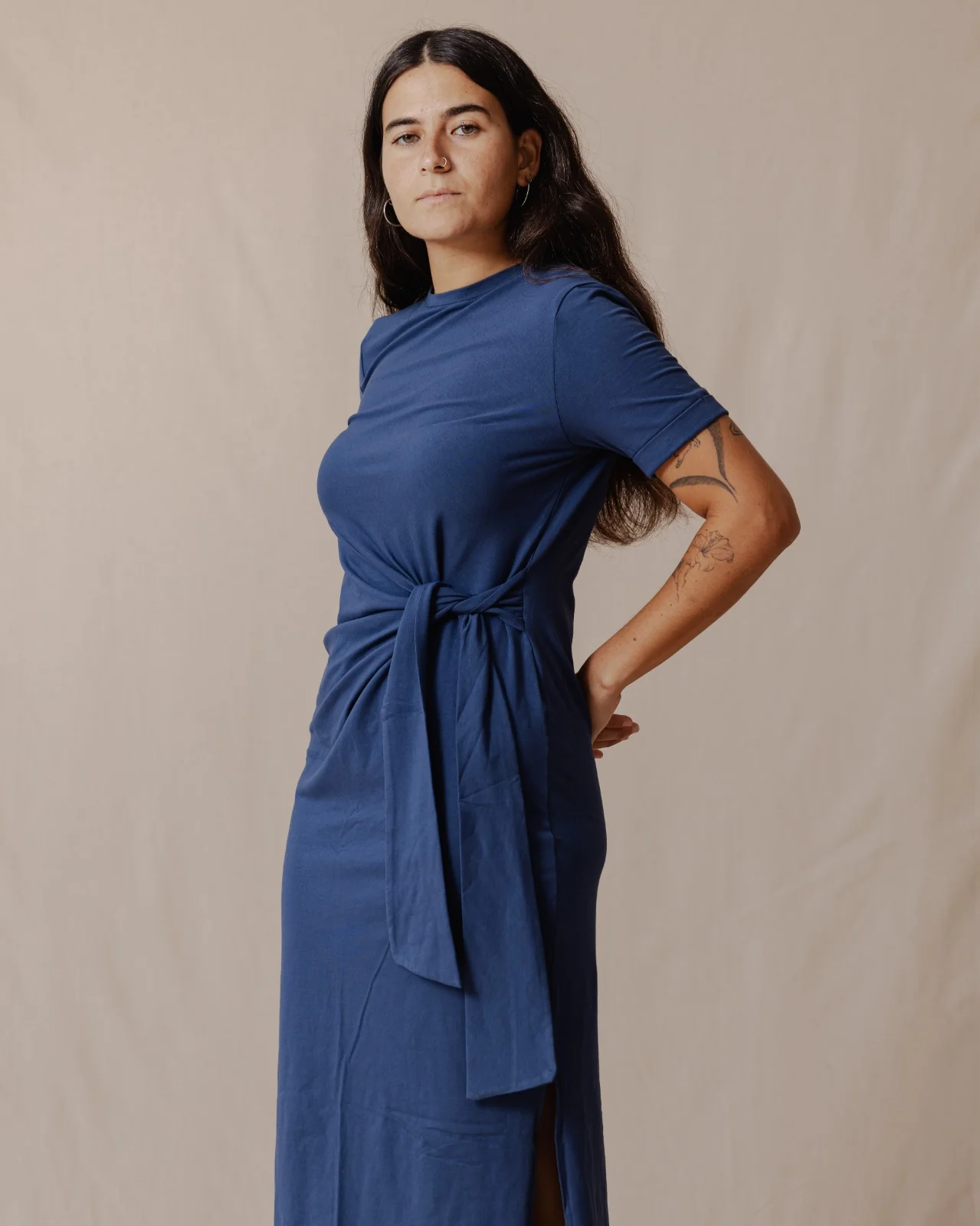 Side Tie Cotton Dress Blue - Image 5