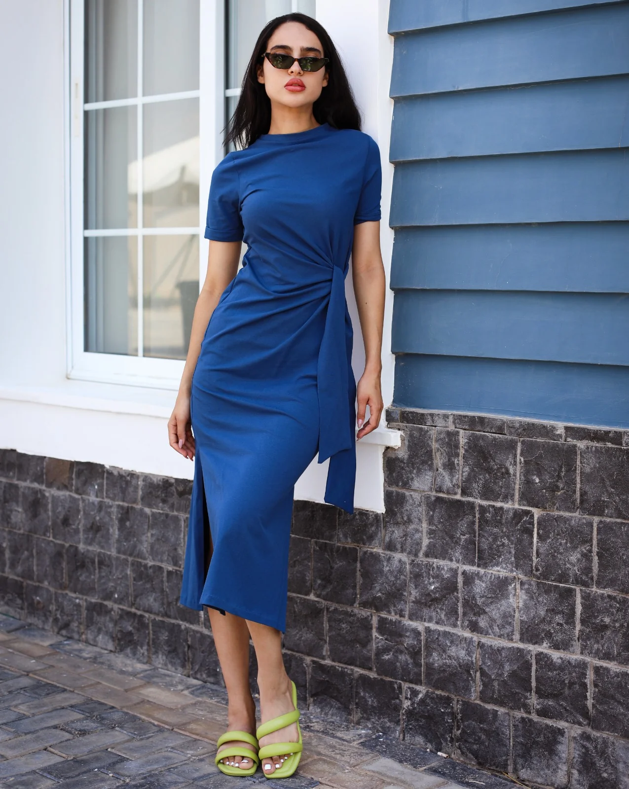 Side Tie Cotton Dress Blue - Image 6