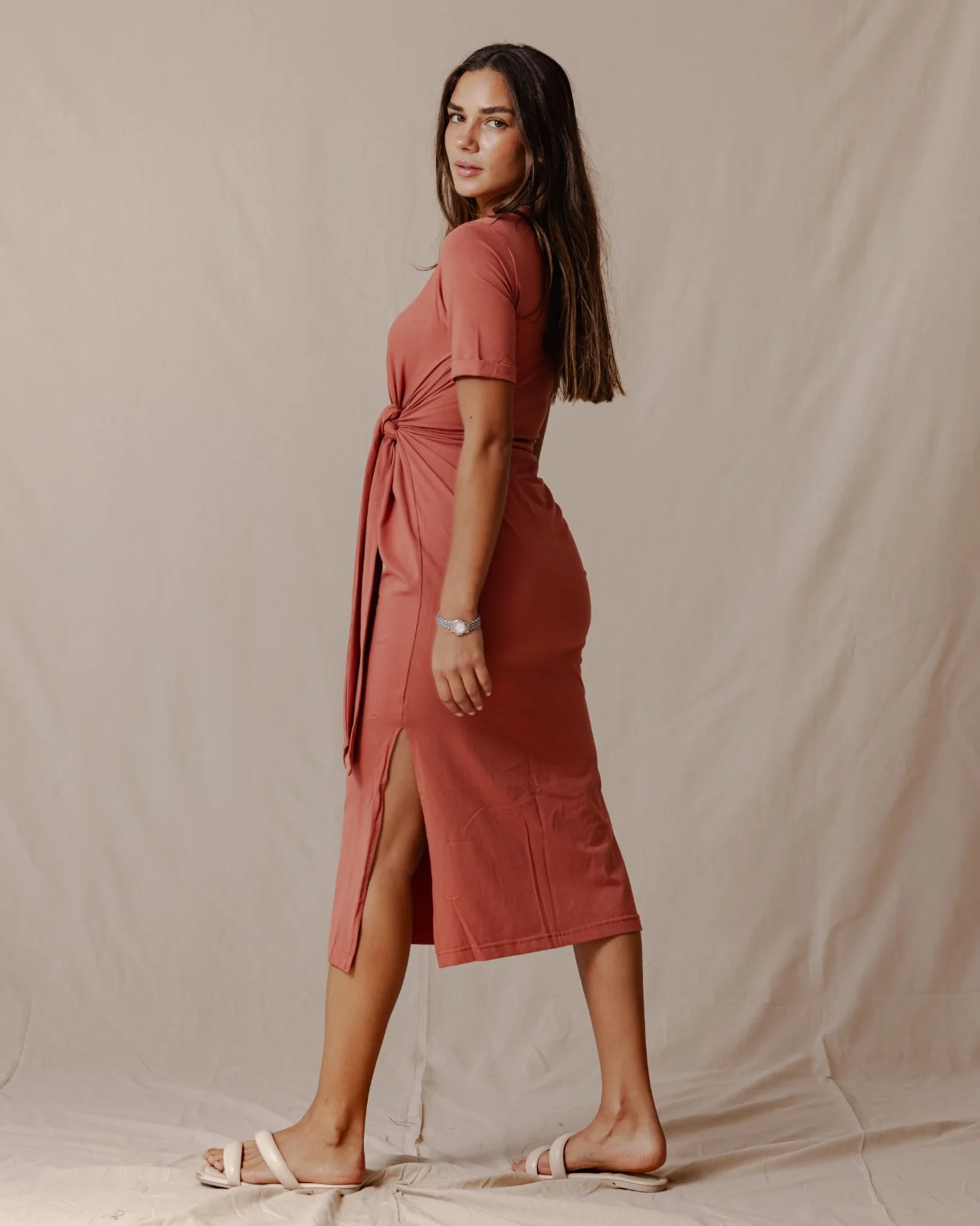 Side Tie Cotton Dress Brick - Image 3
