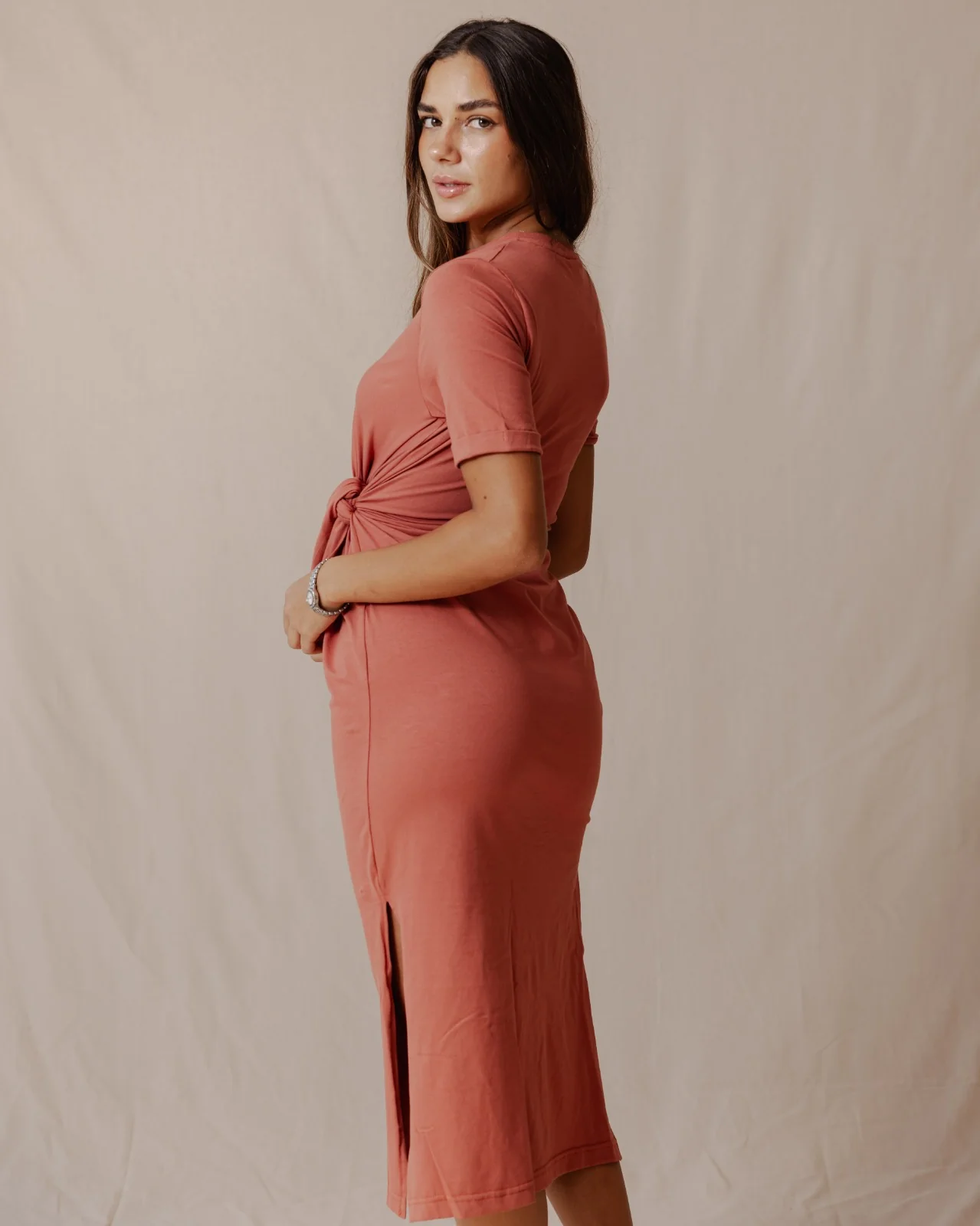 Side Tie Cotton Dress Brick - Image 4