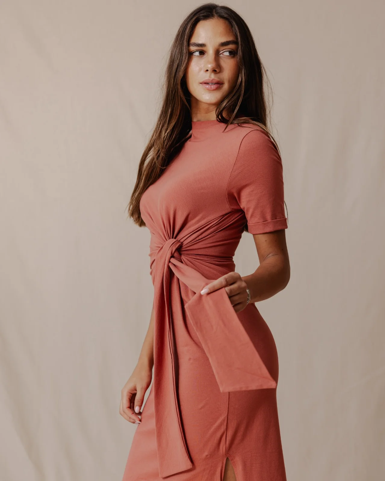 Side Tie Cotton Dress Brick - Image 6